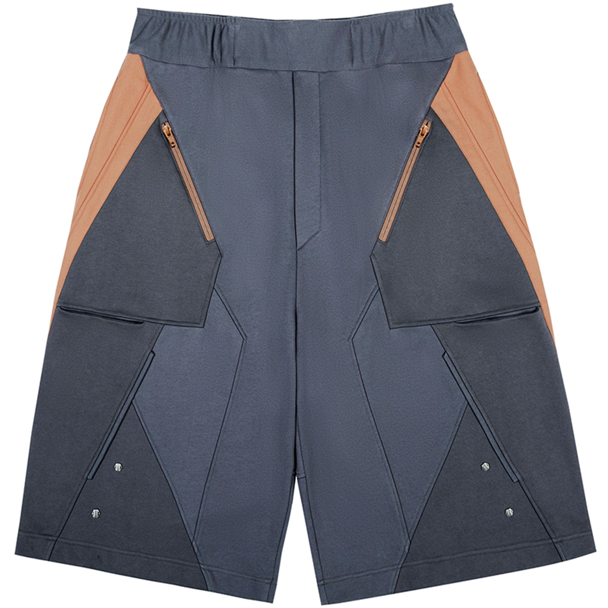 XIPHEVIL Deconstructed Zipper Rivet Shorts Orange, premium urban and streetwear designers apparel on PROJECTISR.com, XIPHEVIL