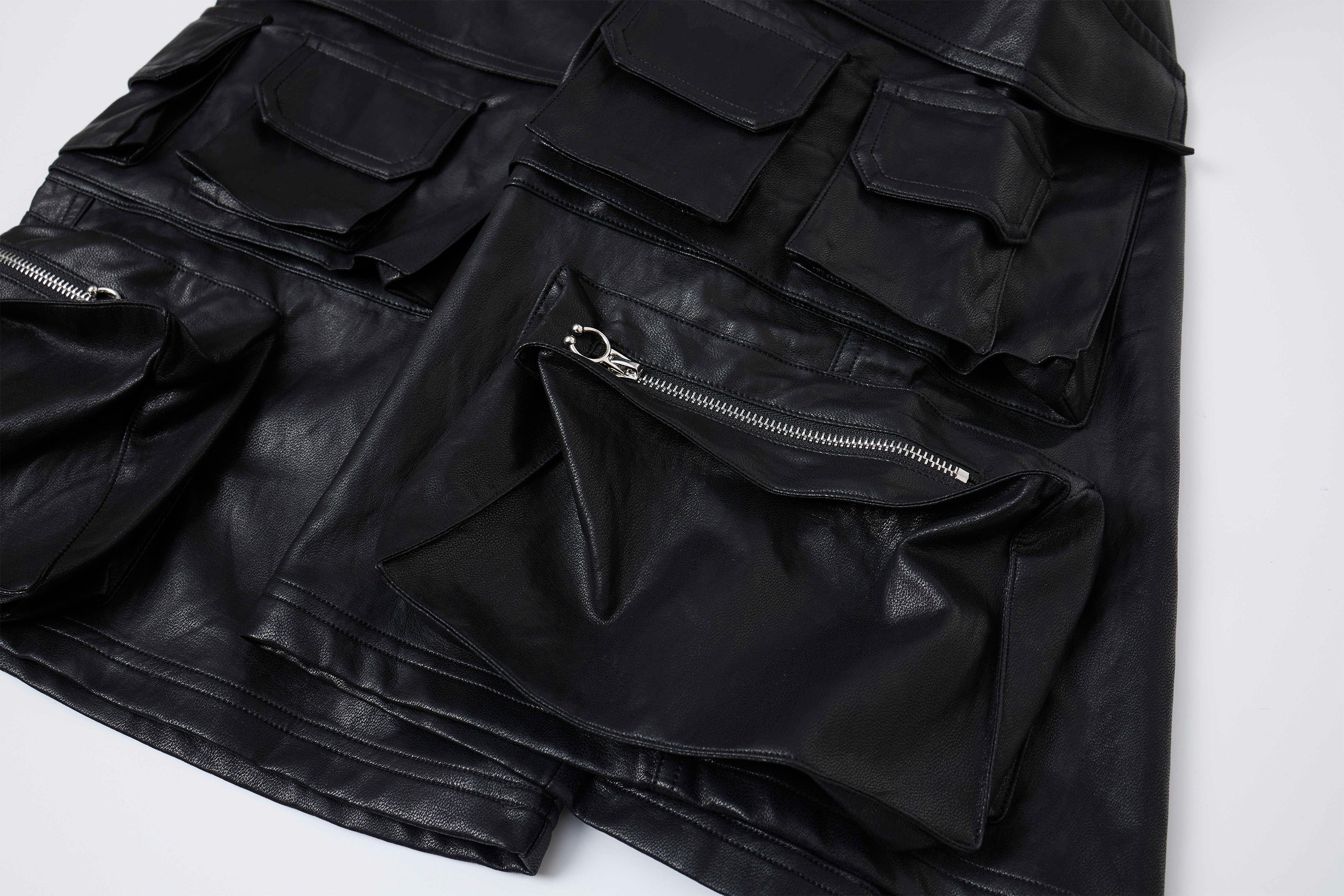 CLP Punk Faux Leather Multi-Pocket Cargo Shorts, premium urban and streetwear designers apparel on PROJECTISR.com, CLP