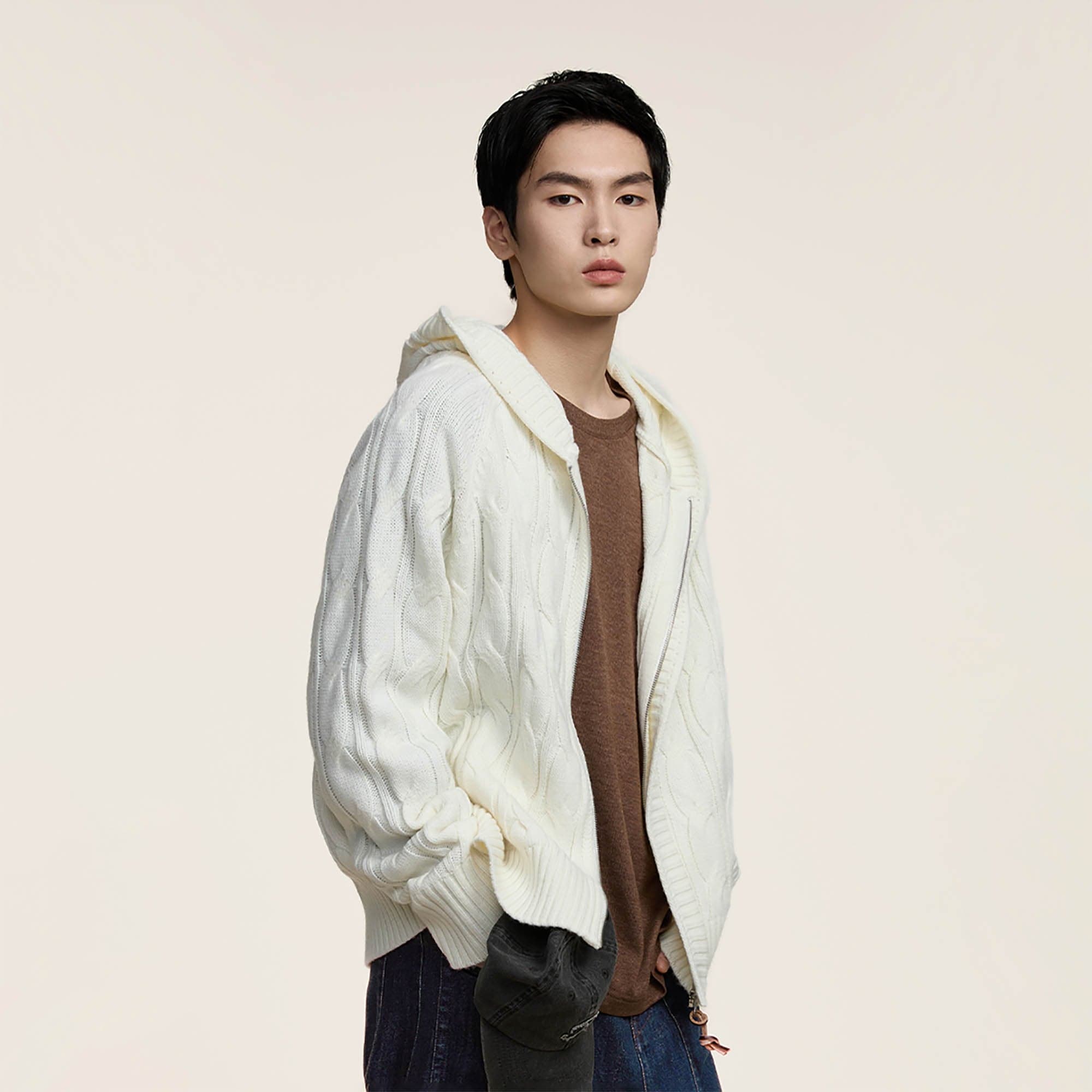OPICLOTH Cable-Knit Zip-Up Hooded Cardigan, premium urban and streetwear designers apparel on PROJECTISR.com, OPICLOTH