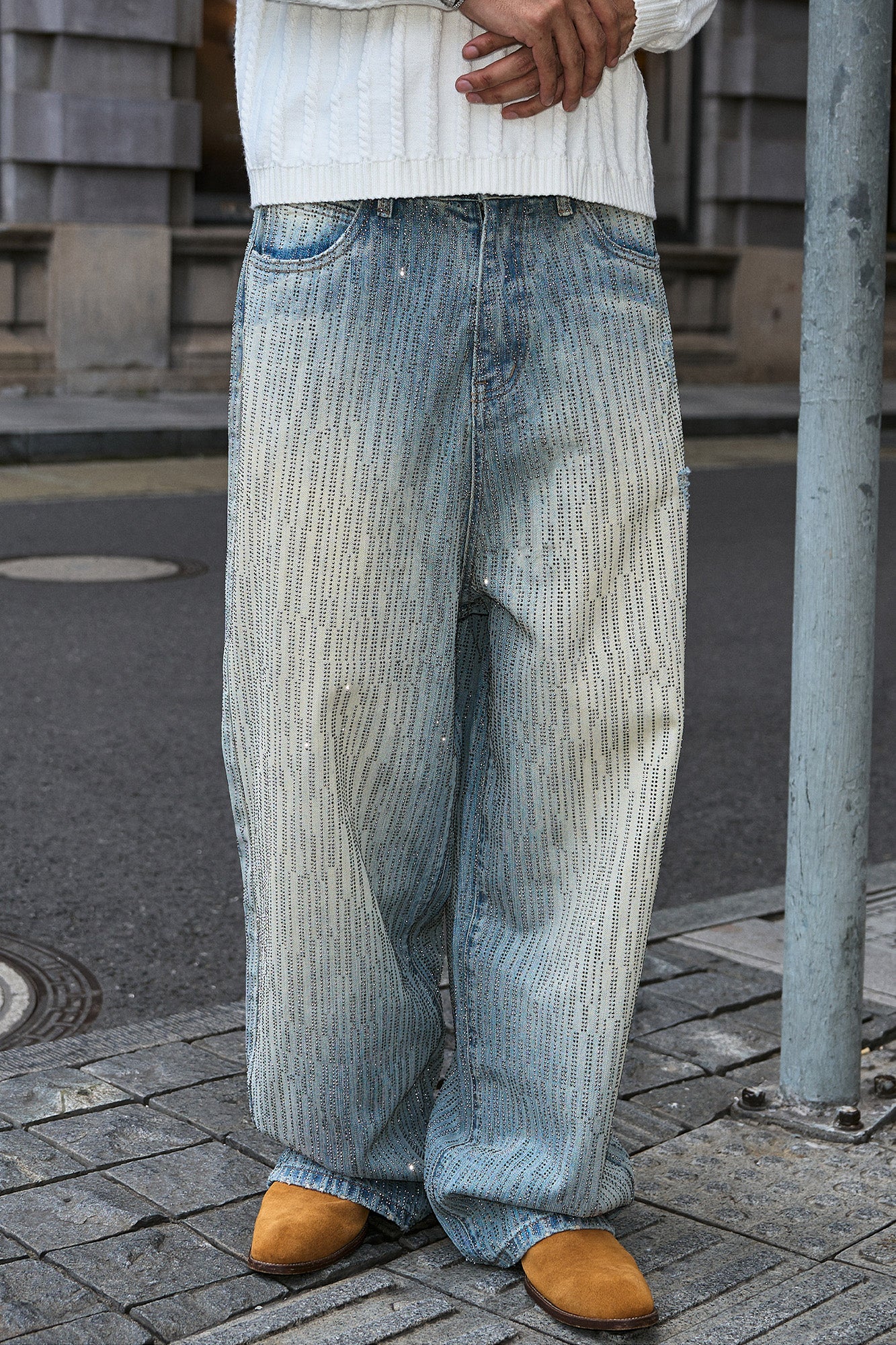 STEEPC Washed Rhinestone Embellished Baggy Jeans