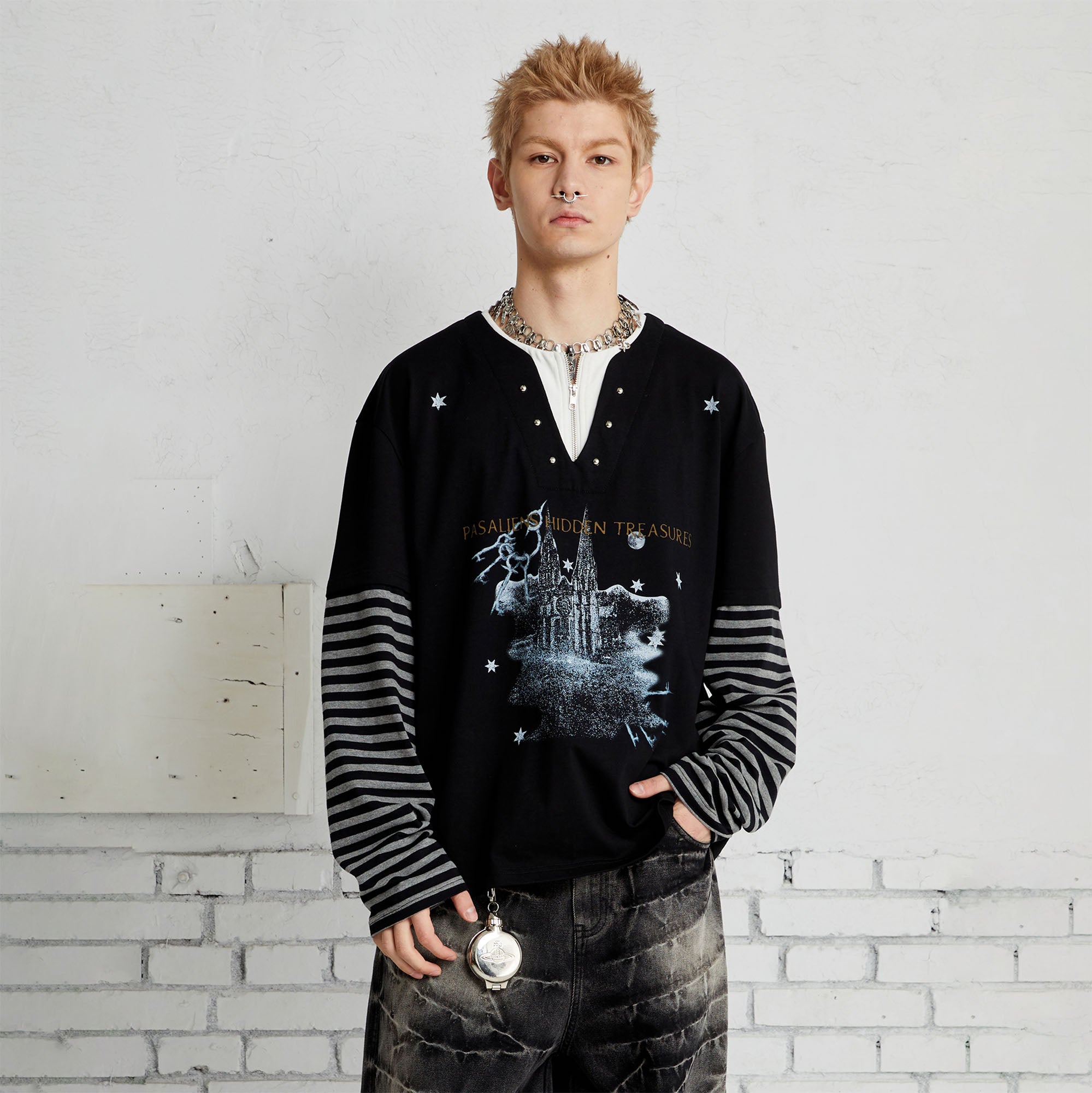 PASET Layered Stripe Graphic Long-Sleeve Tee