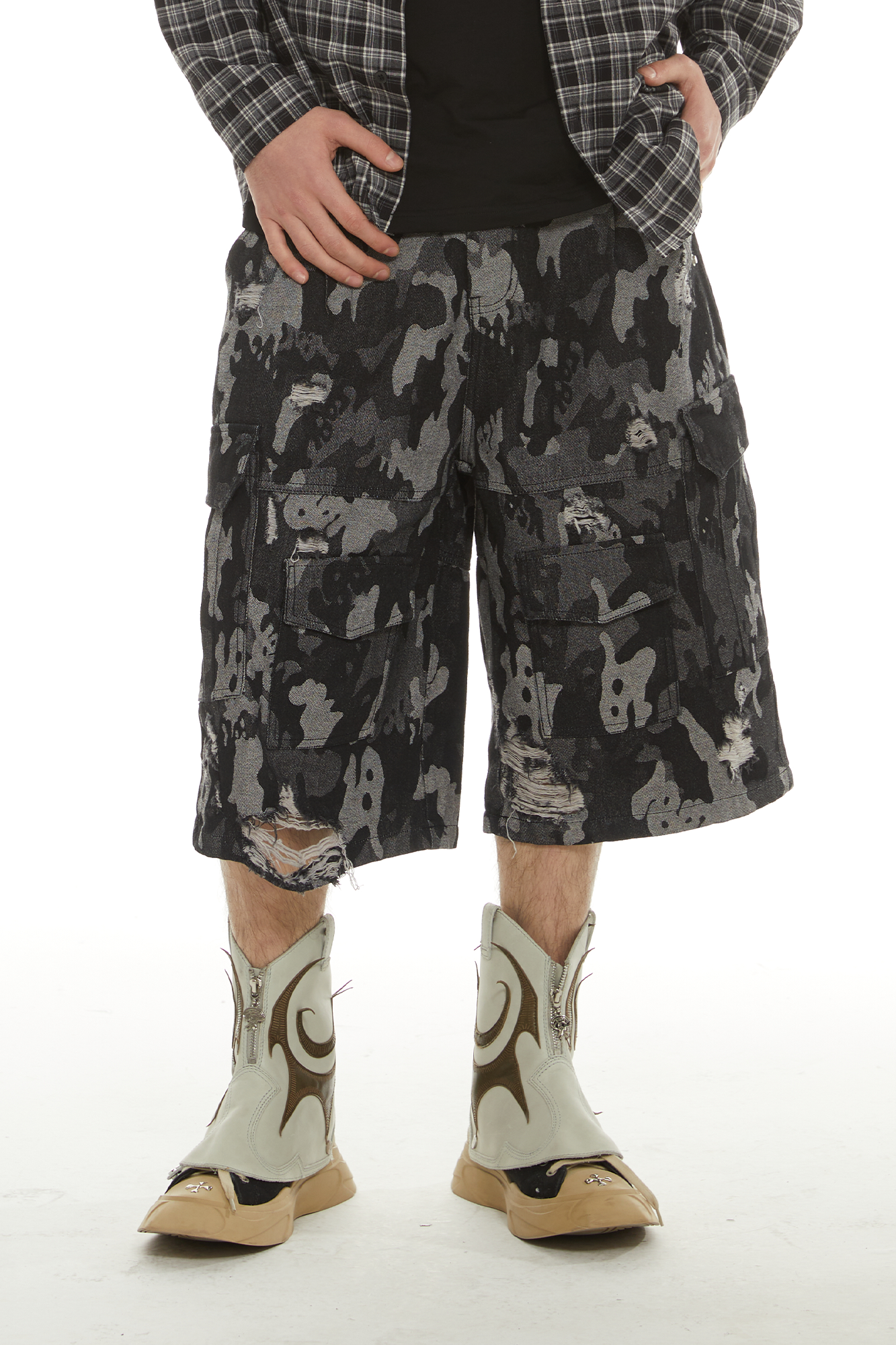PASET Retro Distressed Camo Cargo Shorts