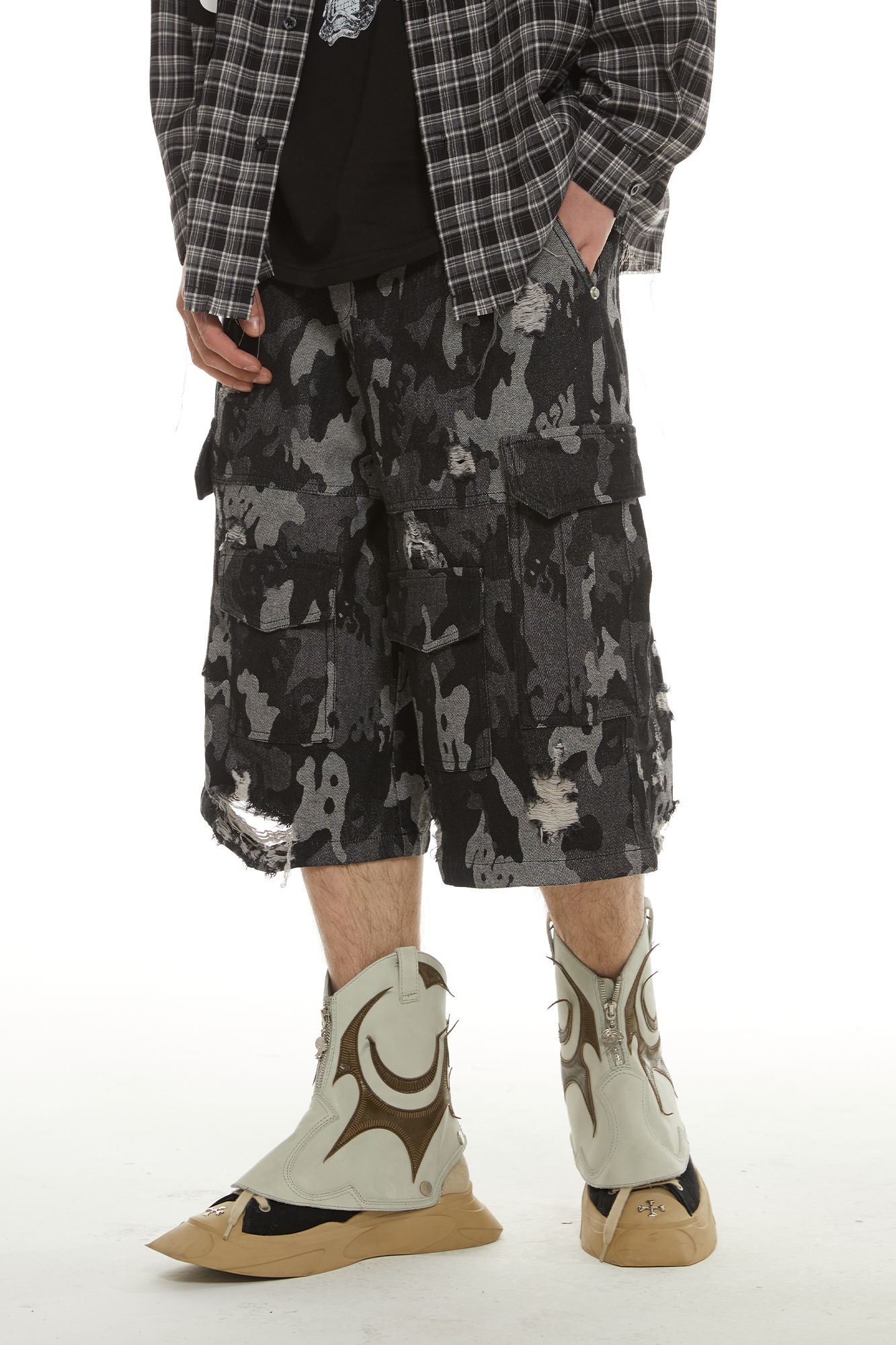PASET Retro Distressed Camo Cargo Shorts