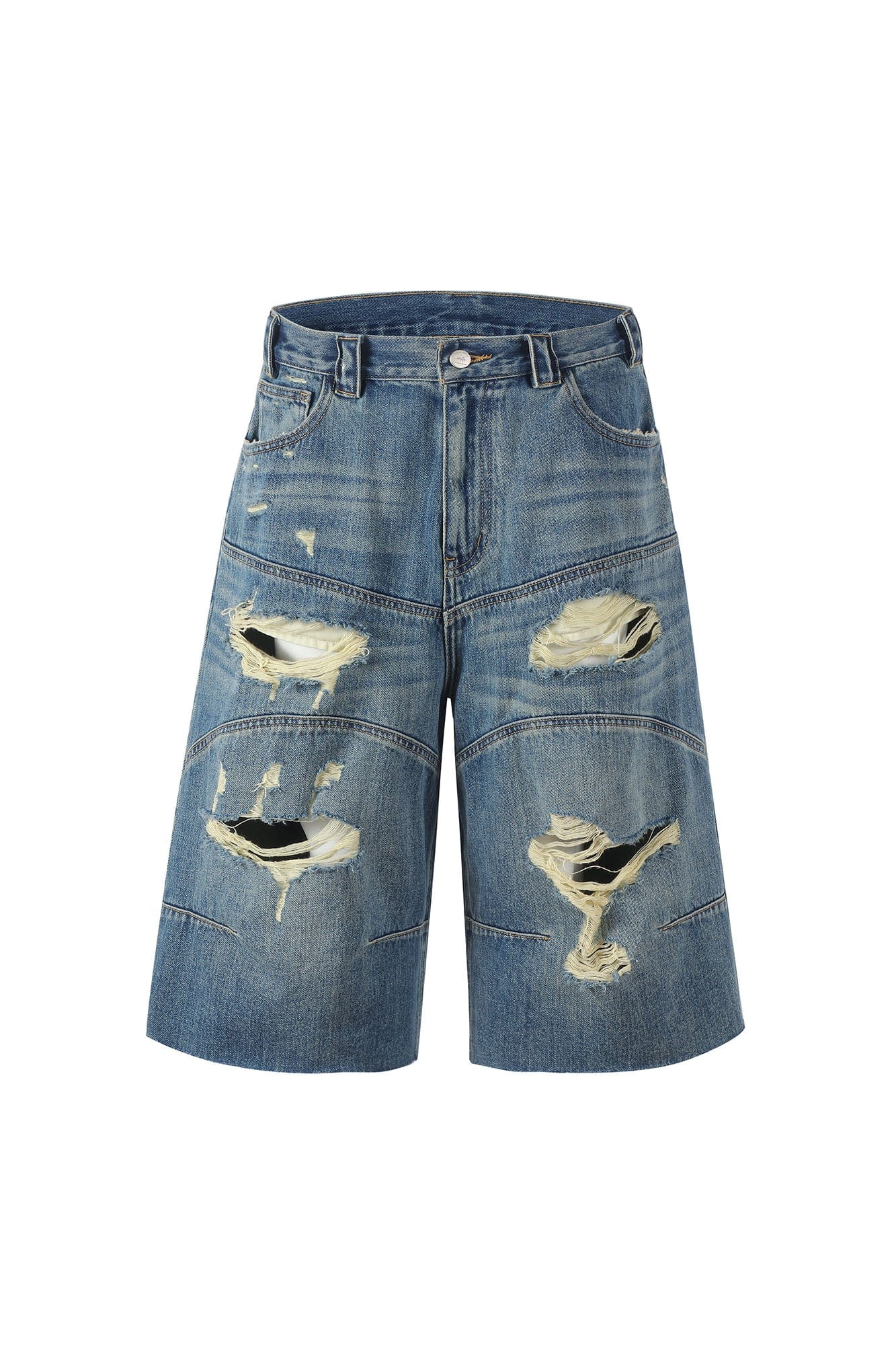MAKEMORE Distressed Arc Spliced Ripped Denim Shorts, premium urban and streetwear designers apparel on PROJECTISR.com, MAKEMORE