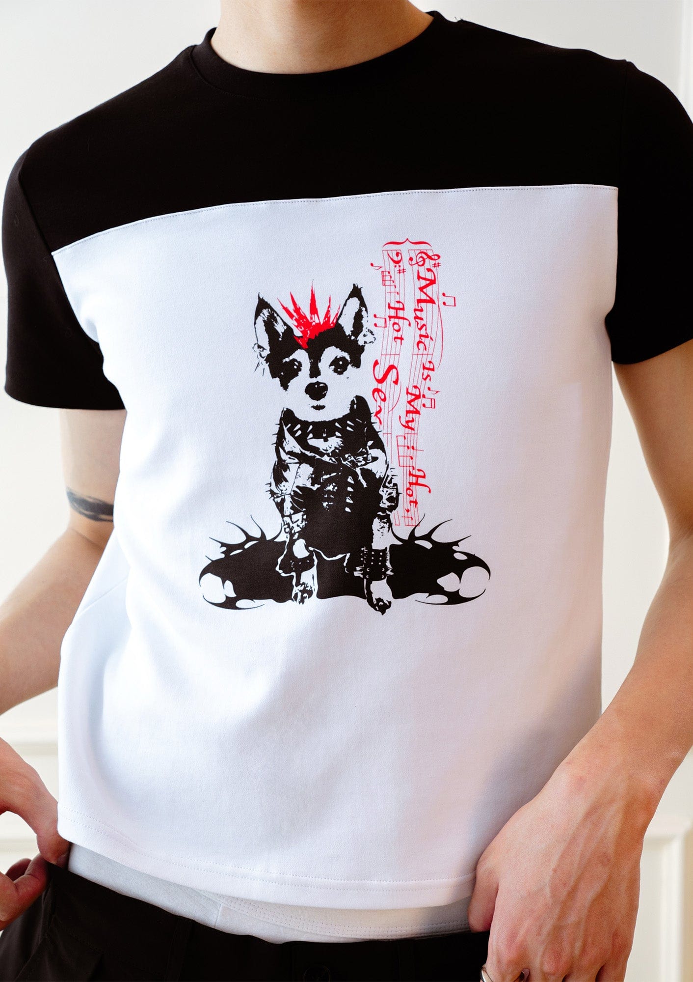 KADAKADA Punk Pup Graphic Spliced T-Shirt, premium urban and streetwear designers apparel on PROJECTISR.com, KADAKADA