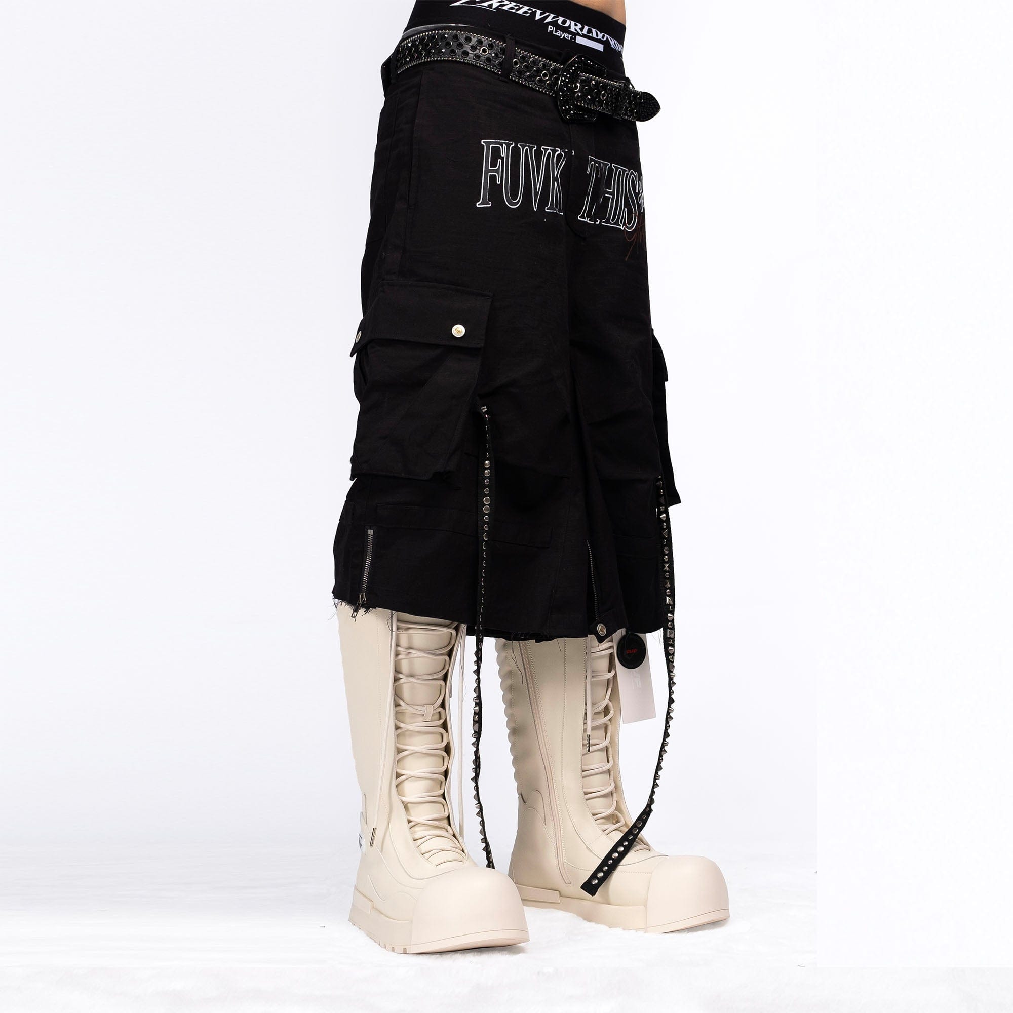 FVVO Distressed Rivet Strap Cargo Shorts Black, premium urban and streetwear designers apparel on PROJECTISR.com, FVVO