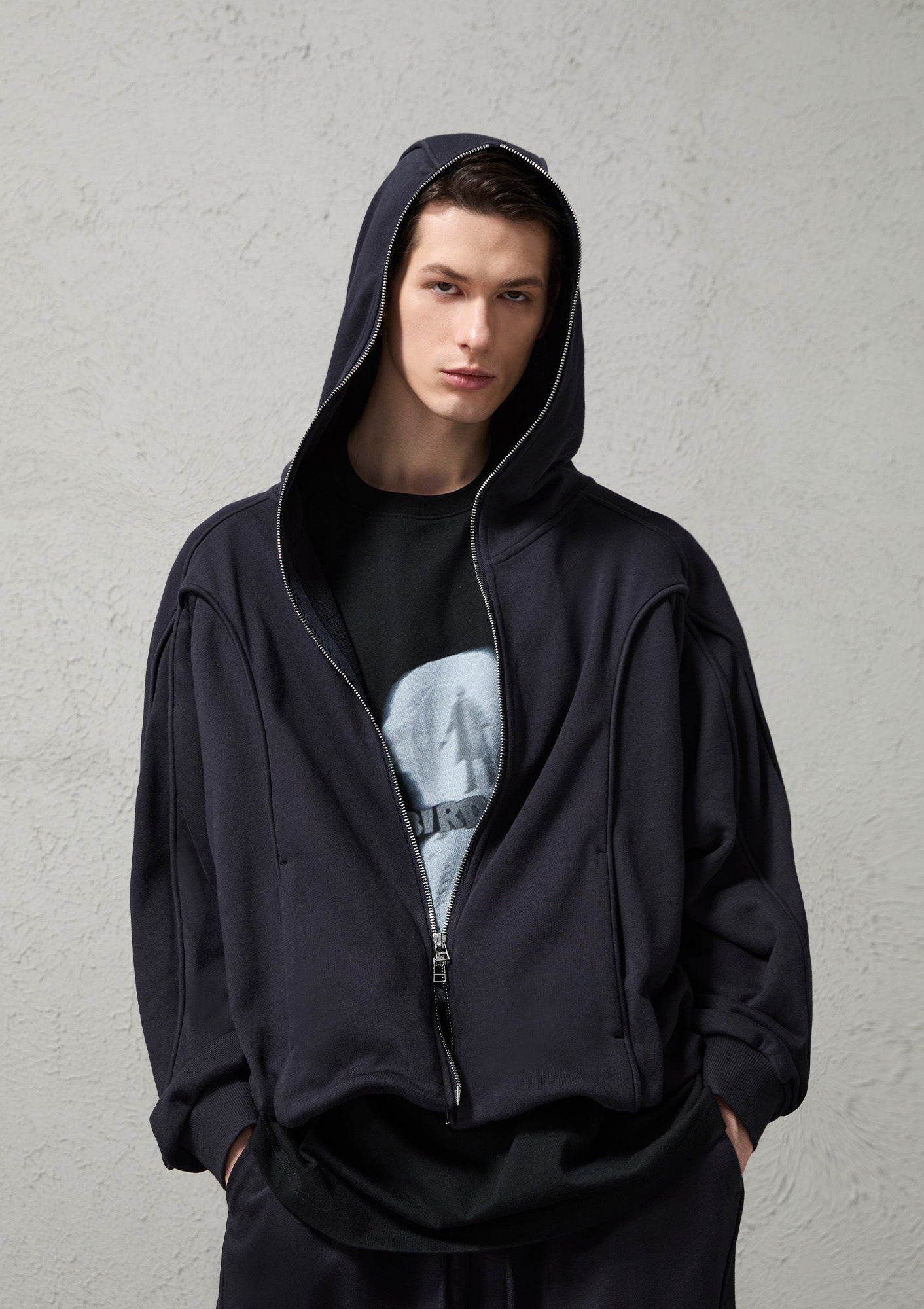 ORGANIC EMOTION Curved Panel Drawstring-Hem Zip-Up Hoodie, premium urban and streetwear designers apparel on PROJECTISR.com, ORGANIC EMOTION