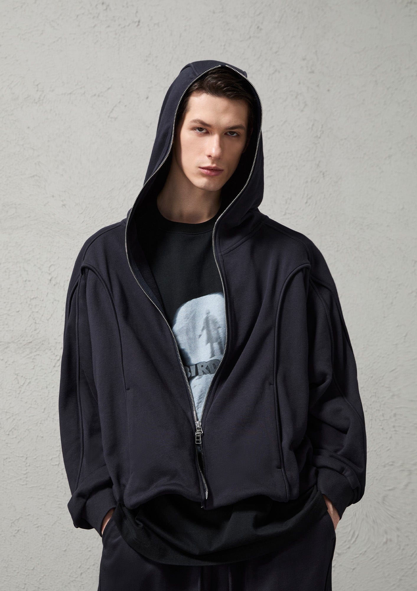 ORGANIC EMOTION Curved Panel Drawstring-Hem Zip-Up Hoodie, premium urban and streetwear designers apparel on PROJECTISR.com, ORGANIC EMOTION
