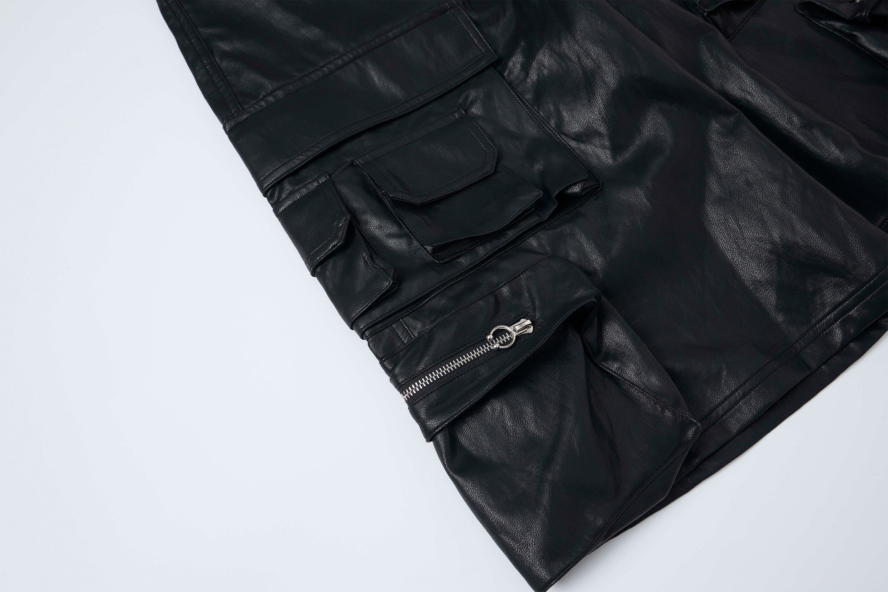 CLP Punk Faux Leather Multi-Pocket Cargo Shorts, premium urban and streetwear designers apparel on PROJECTISR.com, CLP