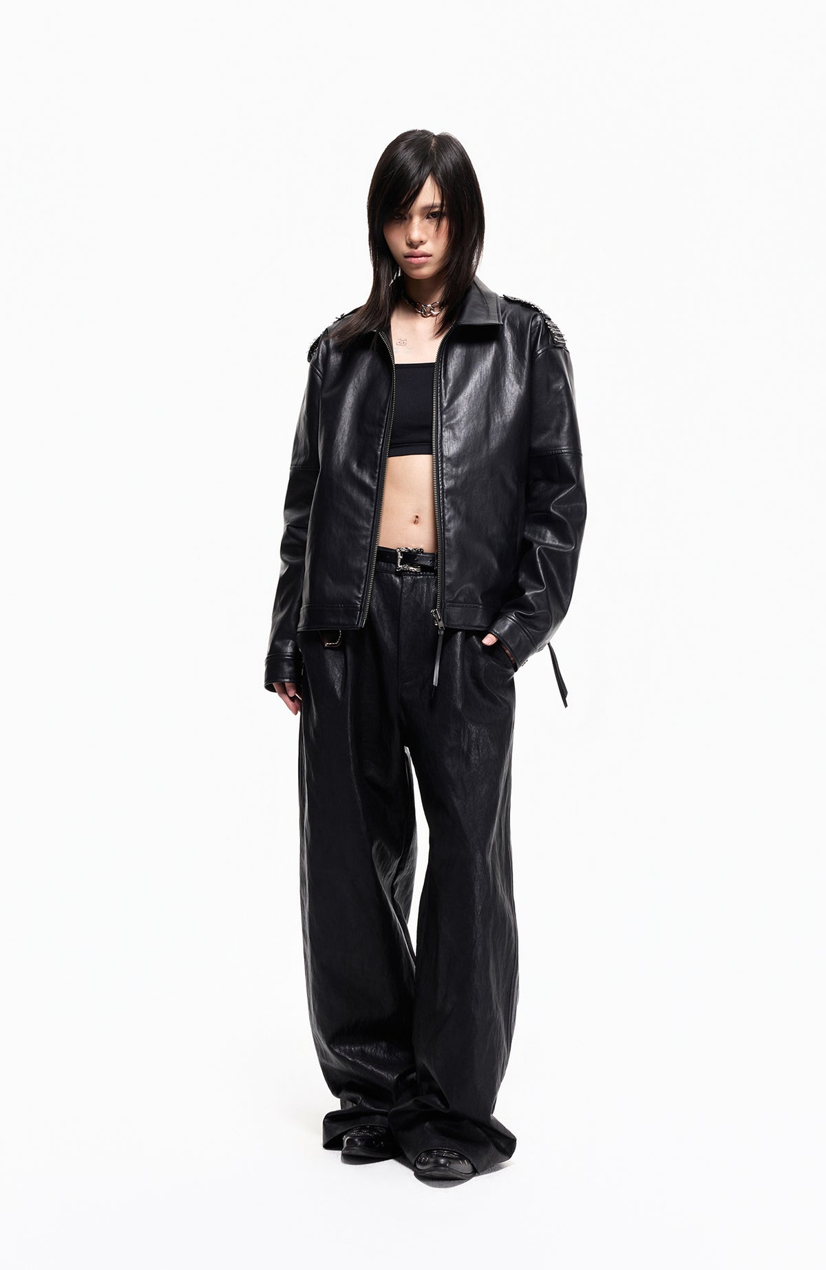 2000RSK Pin-Shoulder Faux Leather Biker Jacket