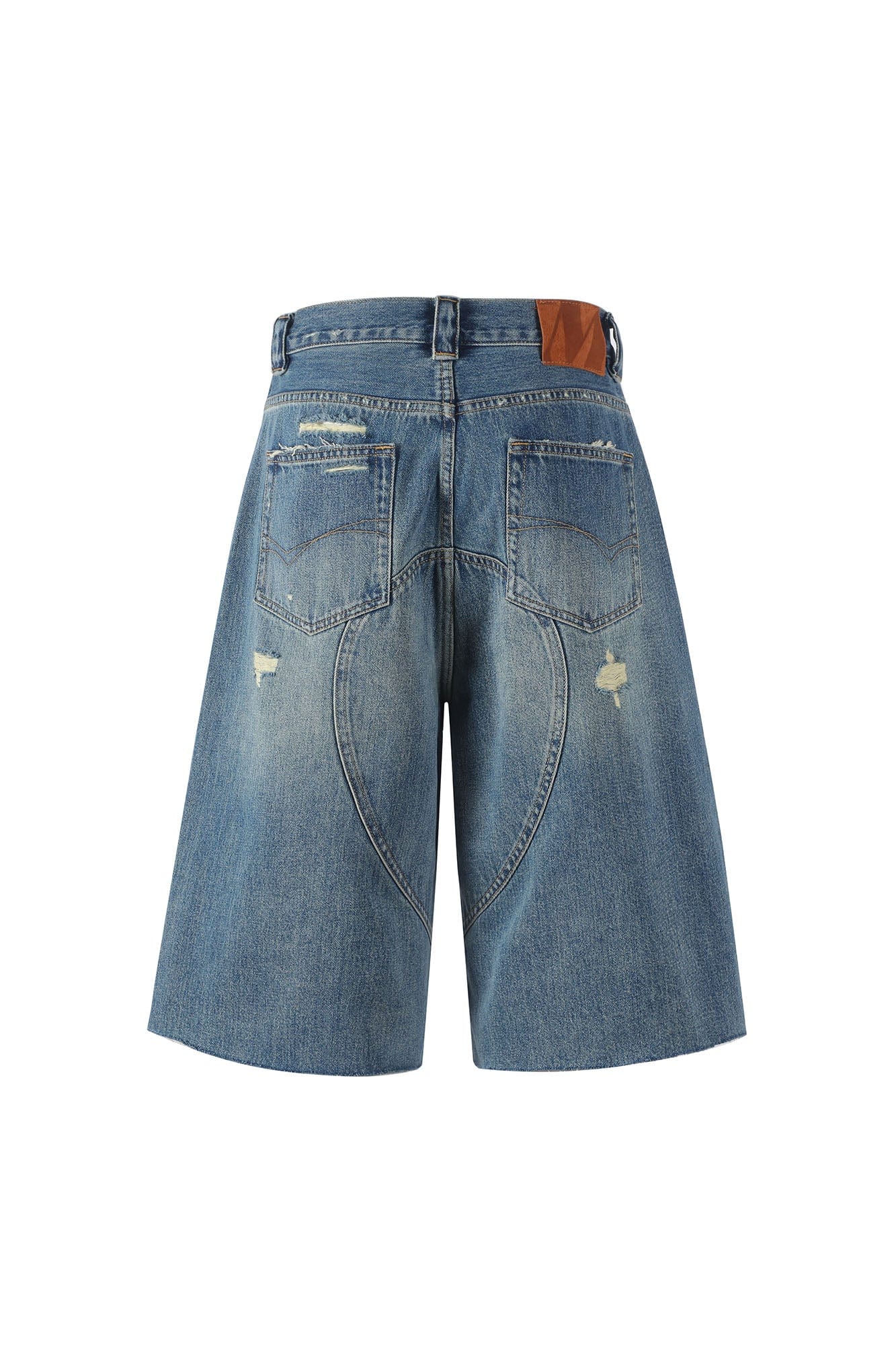 MAKEMORE Distressed Arc Spliced Ripped Denim Shorts, premium urban and streetwear designers apparel on PROJECTISR.com, MAKEMORE