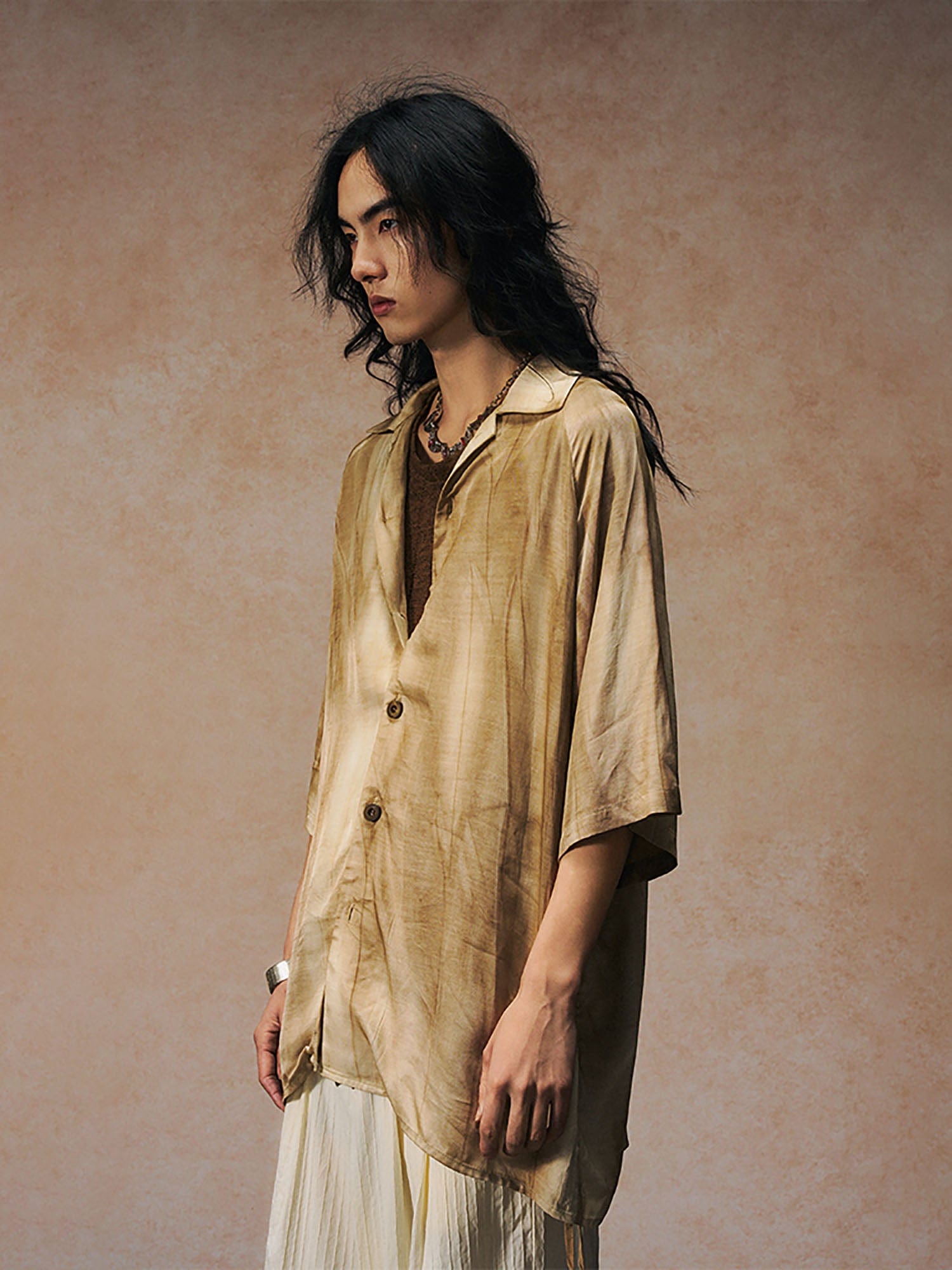 GONGHE REPUB Flowy Distressed Tie-Dye Oversized Half Shirt, premium urban and streetwear designers apparel on PROJECTISR.com, GONGHE REPUB