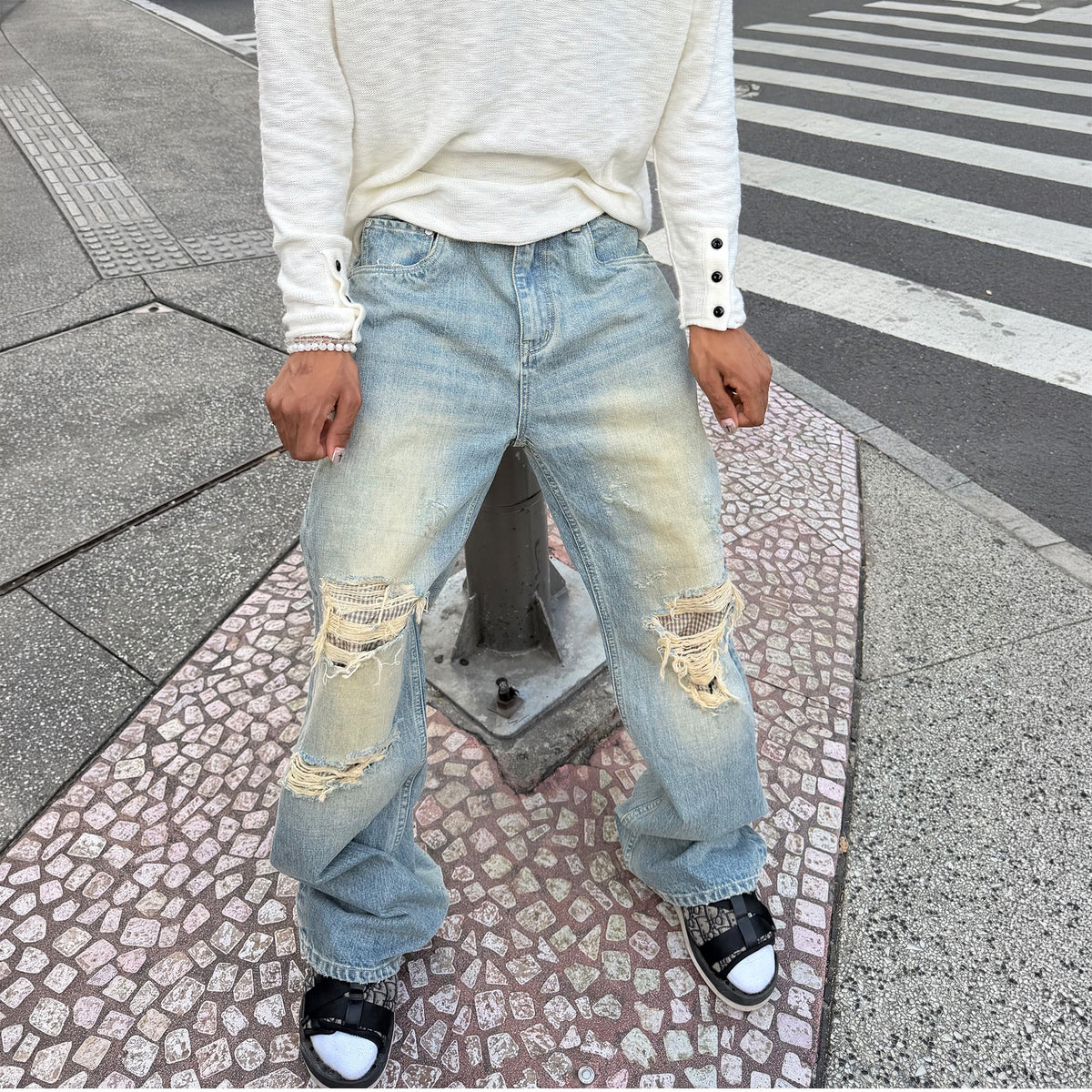 STEEPC Patchwork Washed Distressed Straight-Leg Jeans