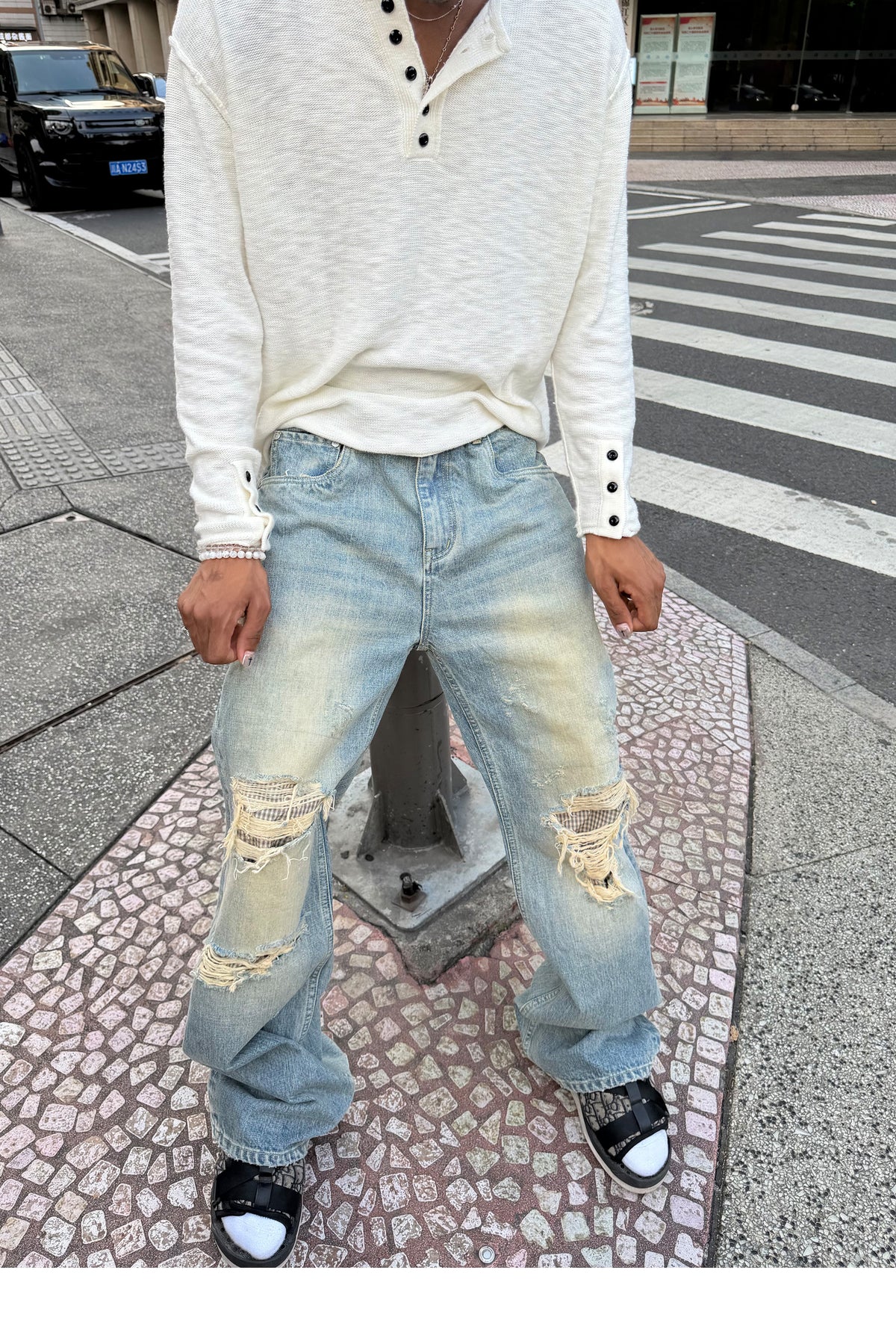 STEEPC Patchwork Washed Distressed Straight-Leg Jeans