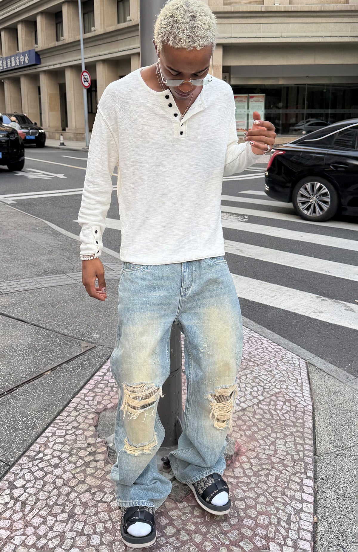 STEEPC Patchwork Washed Distressed Straight-Leg Jeans