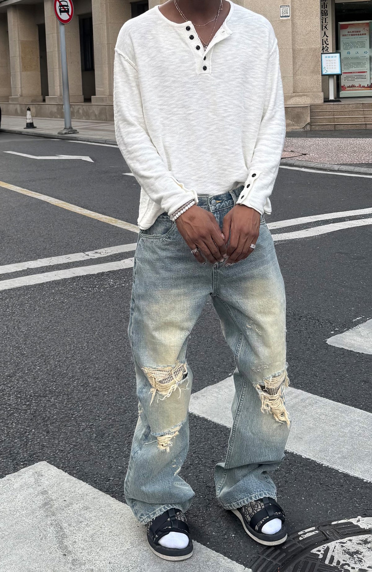 STEEPC Patchwork Washed Distressed Straight-Leg Jeans