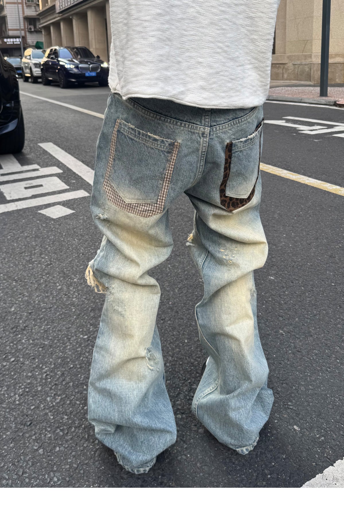 STEEPC Patchwork Washed Distressed Straight-Leg Jeans