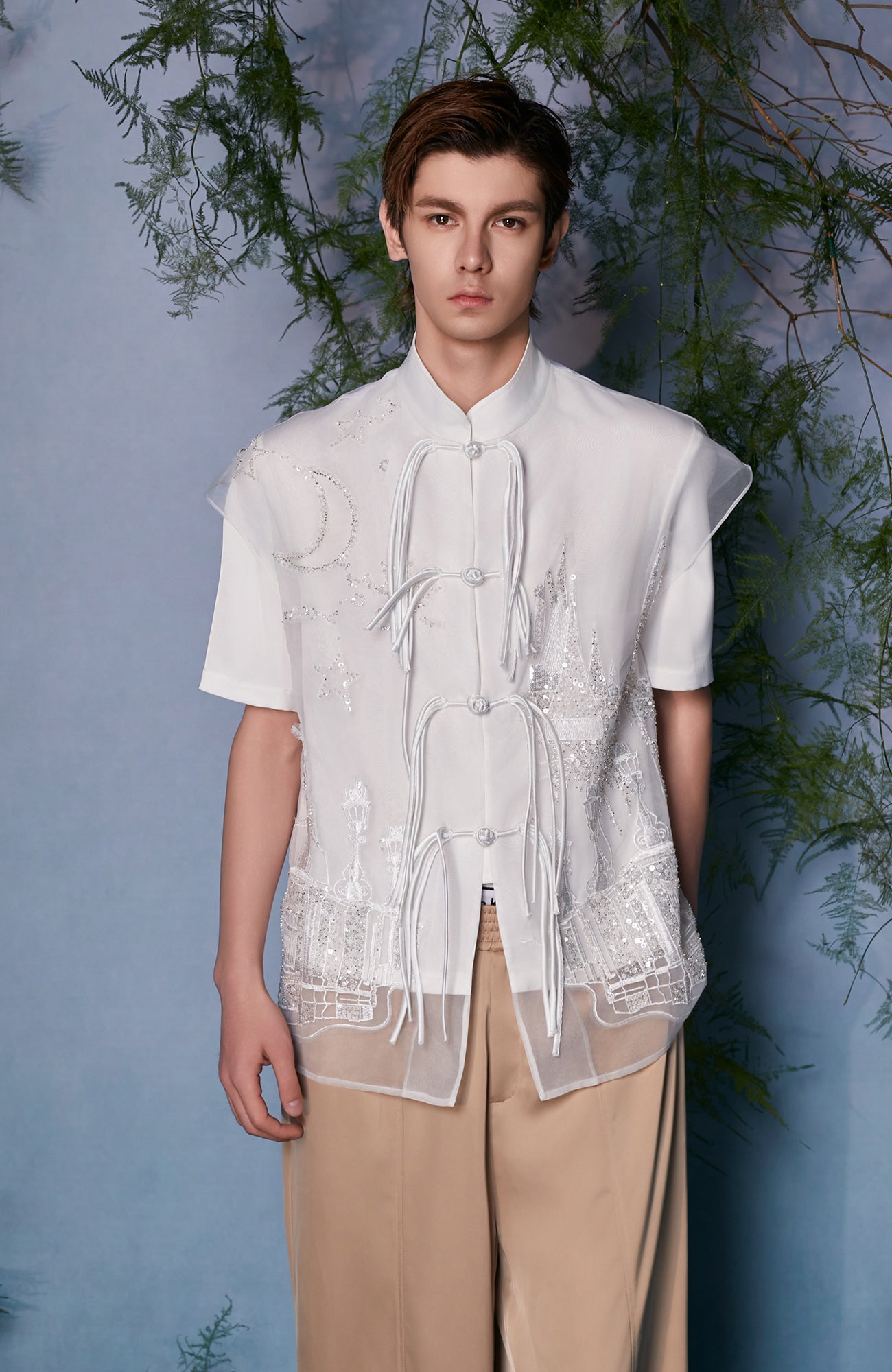 JIECHI Mandarin Embroidered Mesh Panel Half Shirt, premium urban and streetwear designers apparel on PROJECTISR.com, JIECHI