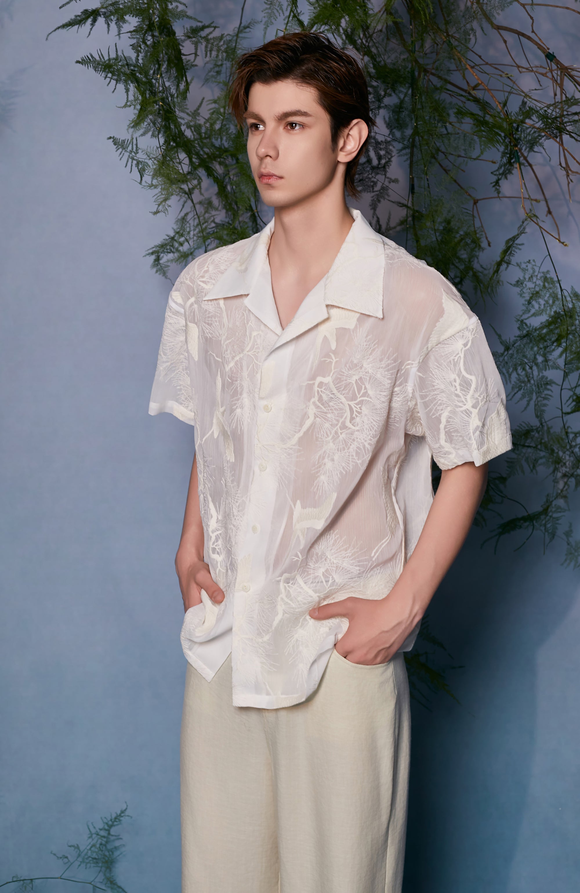 JIECHI Sheer Crane Embroidered Half Shirt, premium urban and streetwear designers apparel on PROJECTISR.com, JIECHI