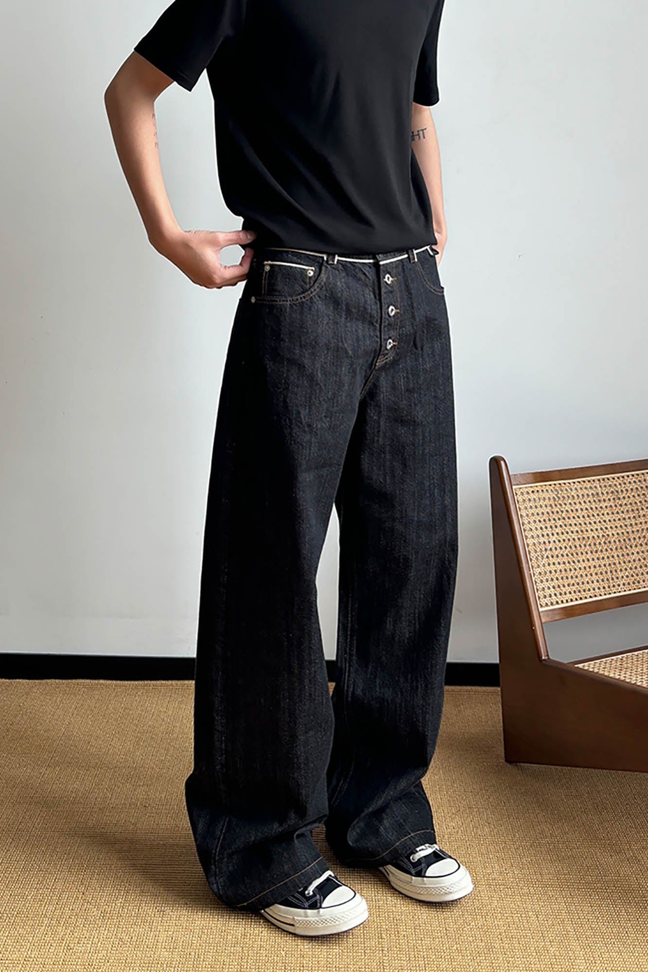 KREATE Selvage Waist Button-Fly Wide-Leg Jeans, premium urban and streetwear designers apparel on PROJECTISR.com, KREATE