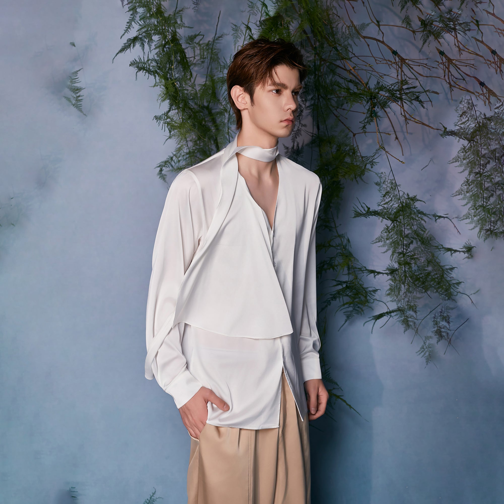 JIECHI Draped Satin Scarf-Collar Shirt, premium urban and streetwear designers apparel on PROJECTISR.com, JIECHI