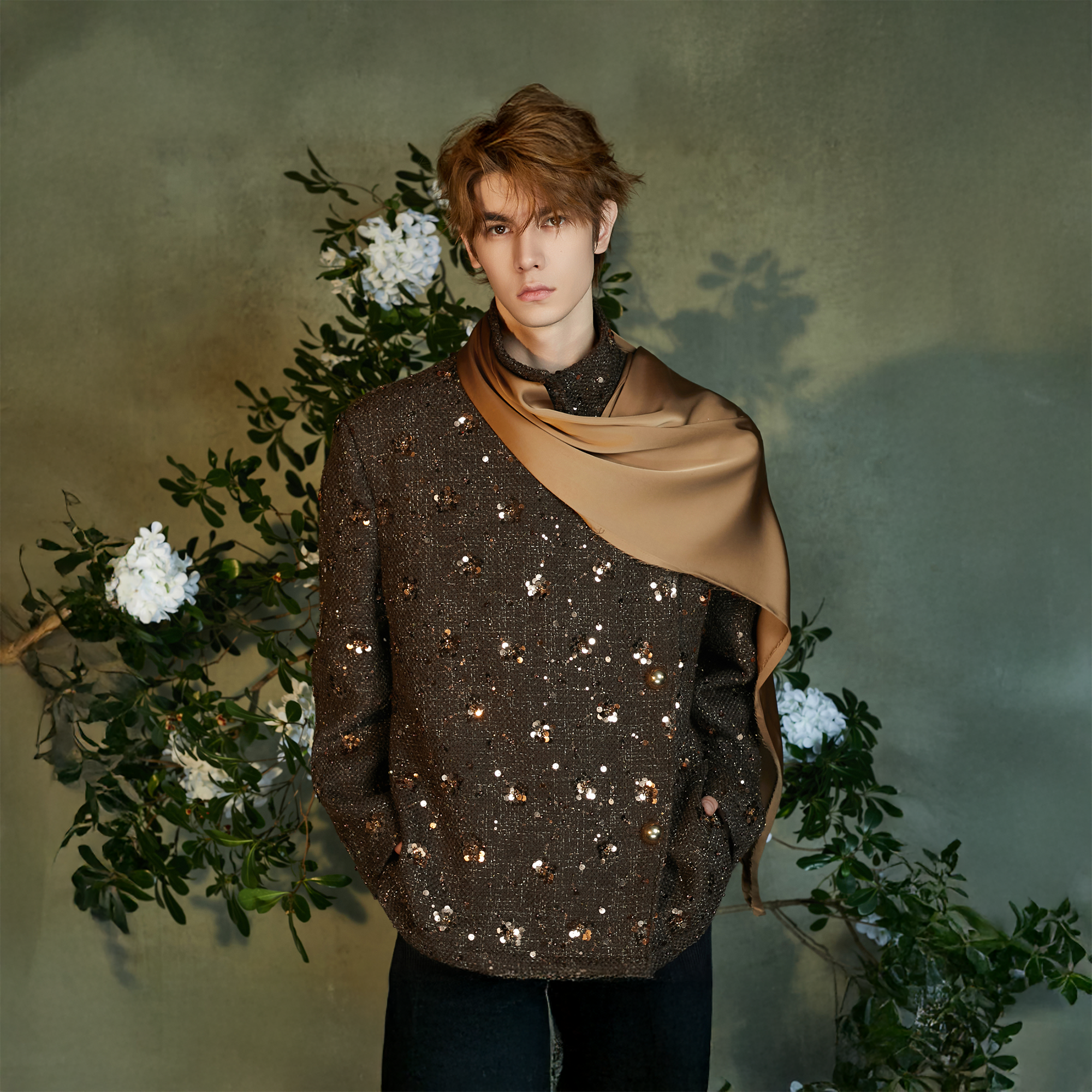 JIECHI Sequin Embroidered Satin Shawl Blazer