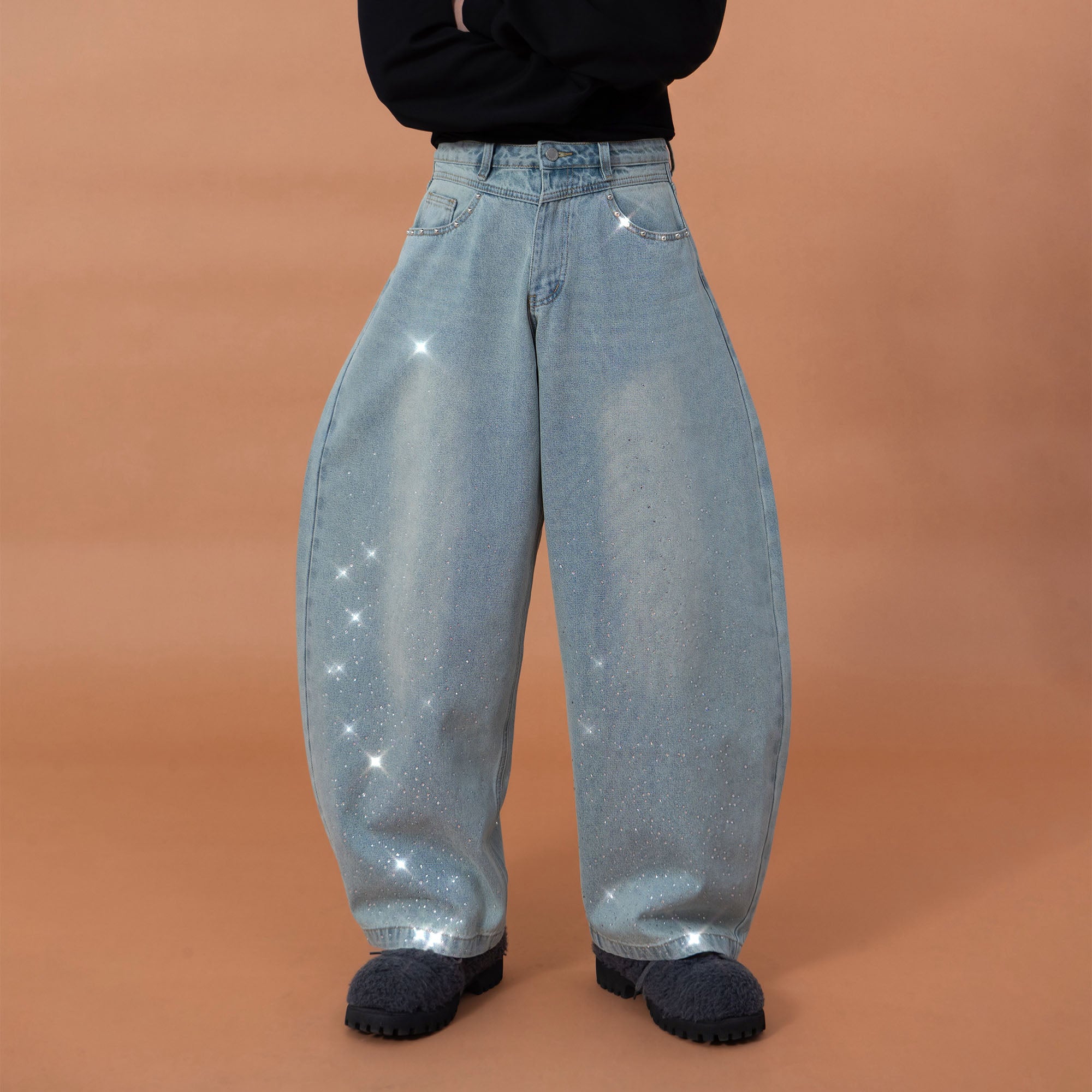 CLP Washed Diamond-Dusted Curved-Leg Jeans, premium urban and streetwear designers apparel on PROJECTISR.com, CLP