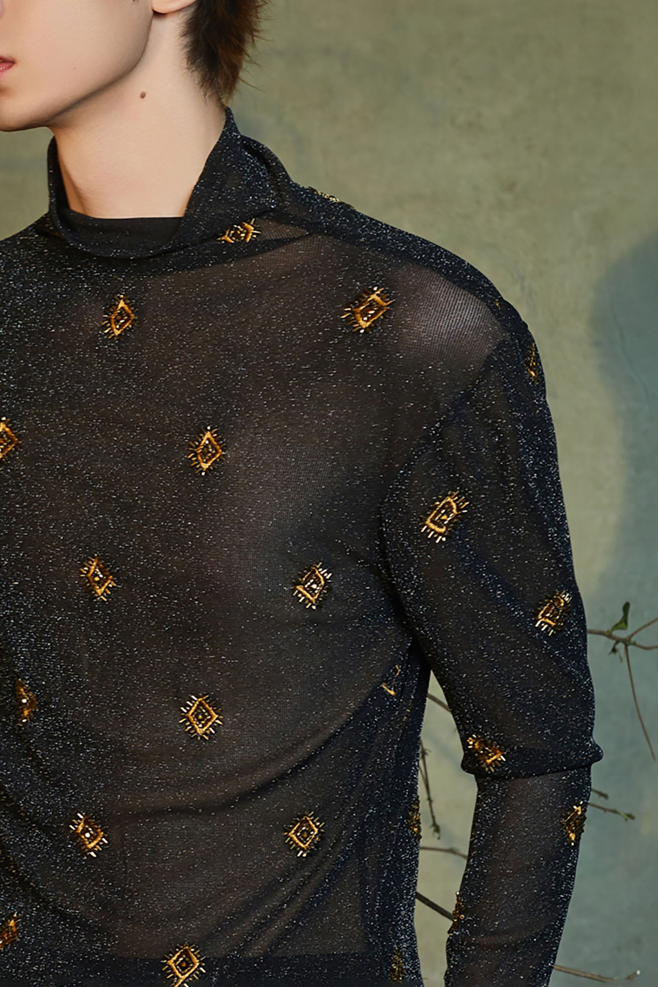 JIECHI Embroidered Mock-Neck Sheer Long-Sleeve Tee, premium urban and streetwear designers apparel on PROJECTISR.com, JIECHI