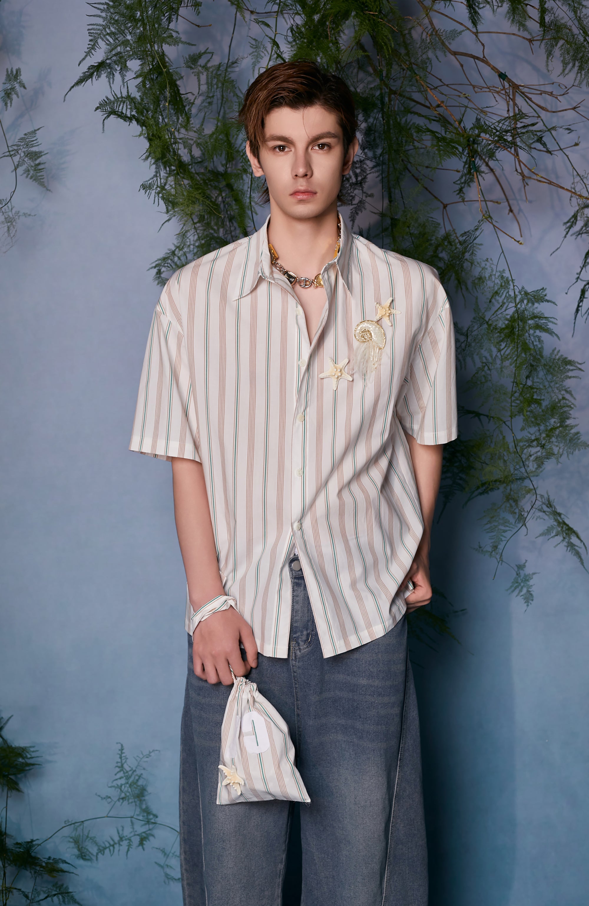 JIECHI Striped Embroidered Half Shirt, premium urban and streetwear designers apparel on PROJECTISR.com, JIECHI