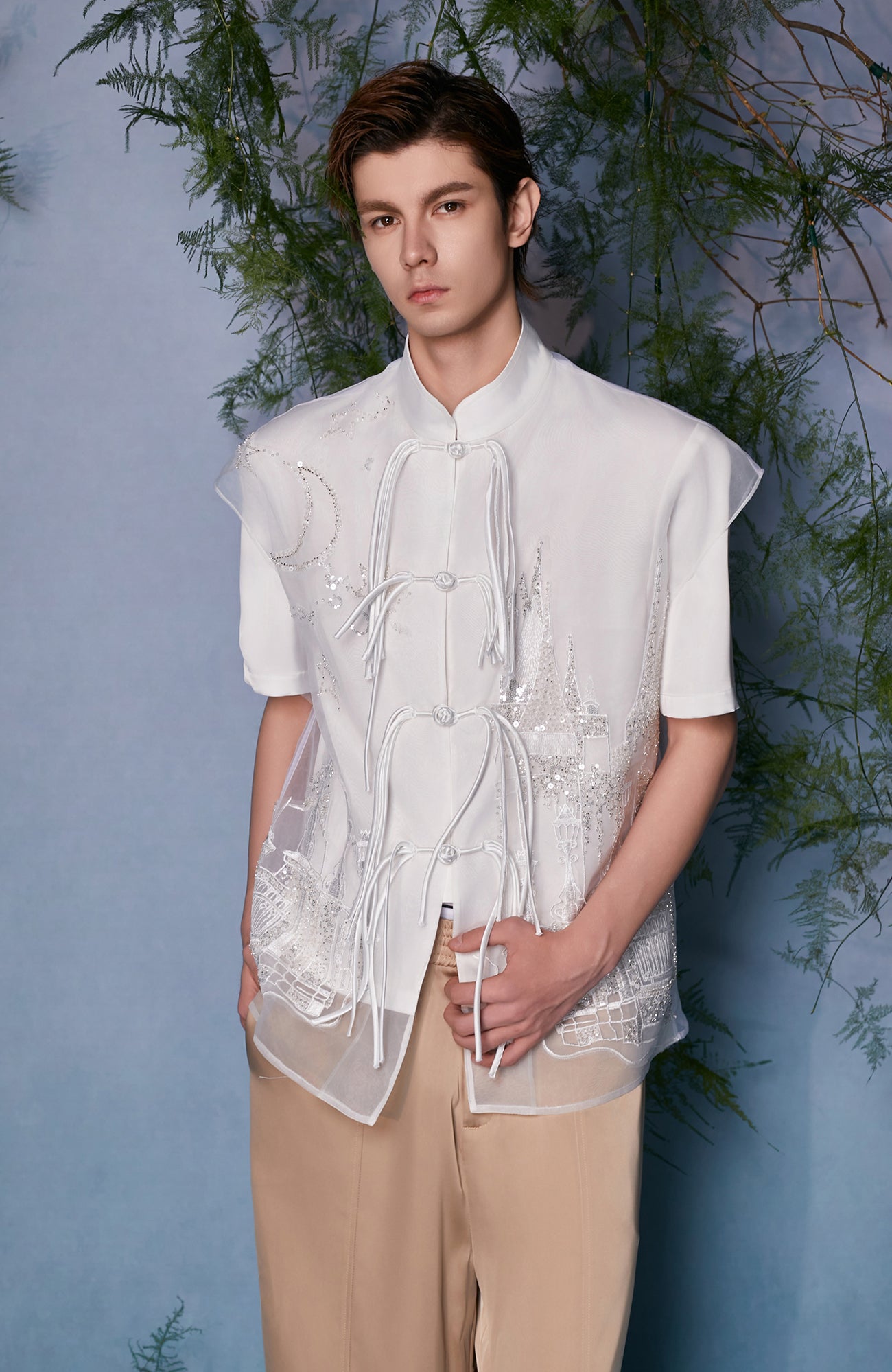 JIECHI Mandarin Embroidered Mesh Panel Half Shirt, premium urban and streetwear designers apparel on PROJECTISR.com, JIECHI