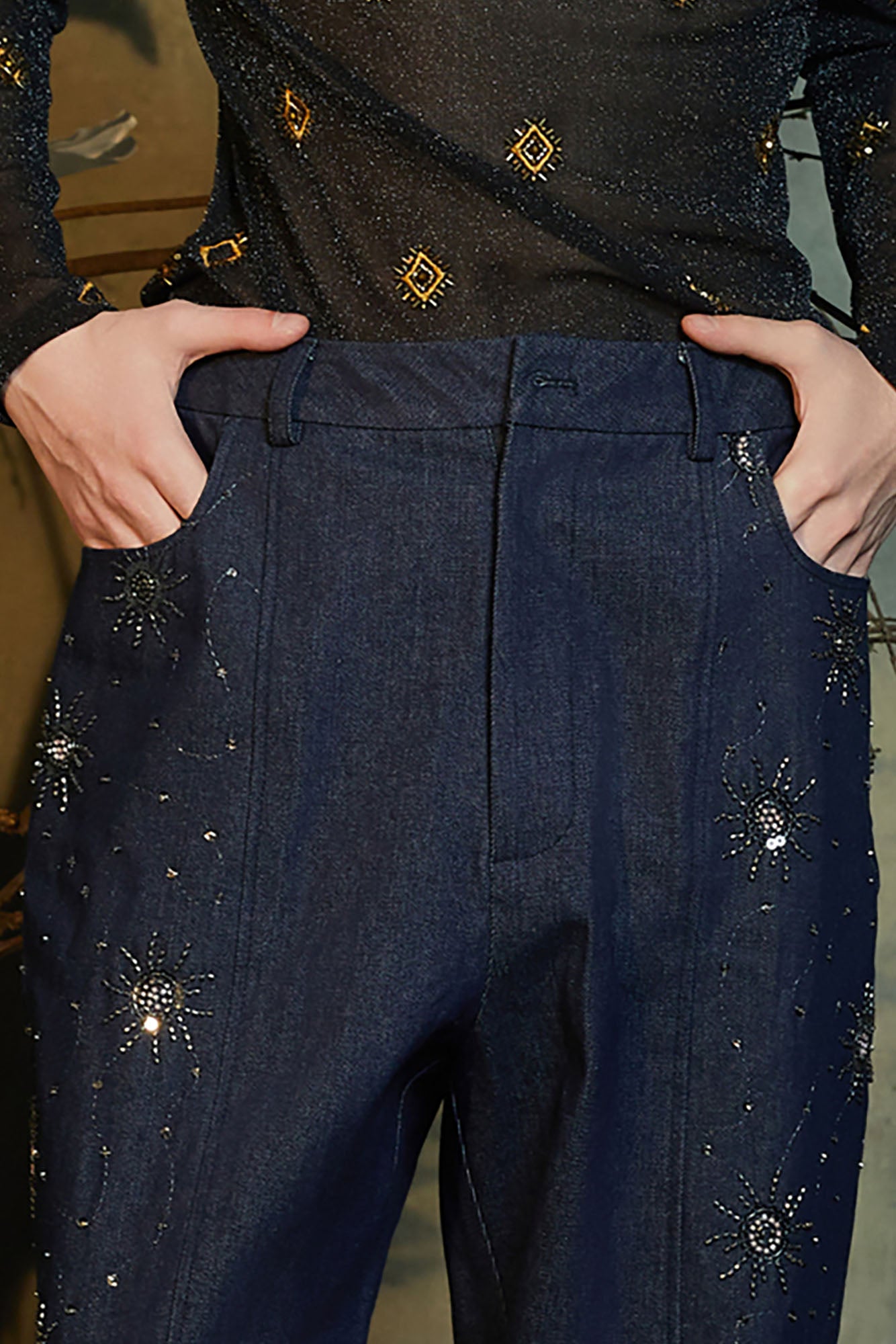 JIECHI Embroidered Middle-Panel Straight-Leg Jeans, premium urban and streetwear designers apparel on PROJECTISR.com, JIECHI