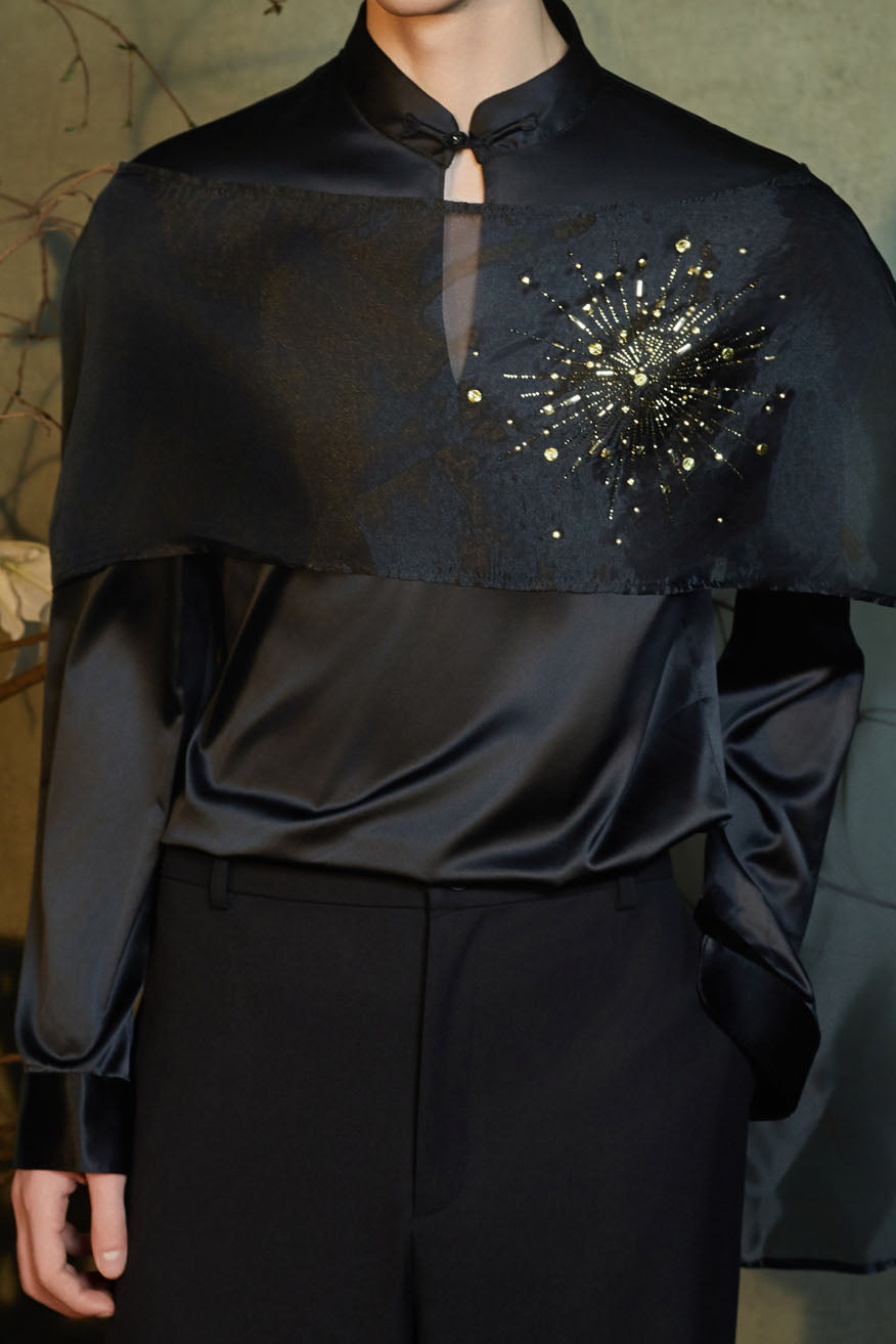 JIECHI Star Embellished Mandarin Collar Shirt, premium urban and streetwear designers apparel on PROJECTISR.com, JIECHI