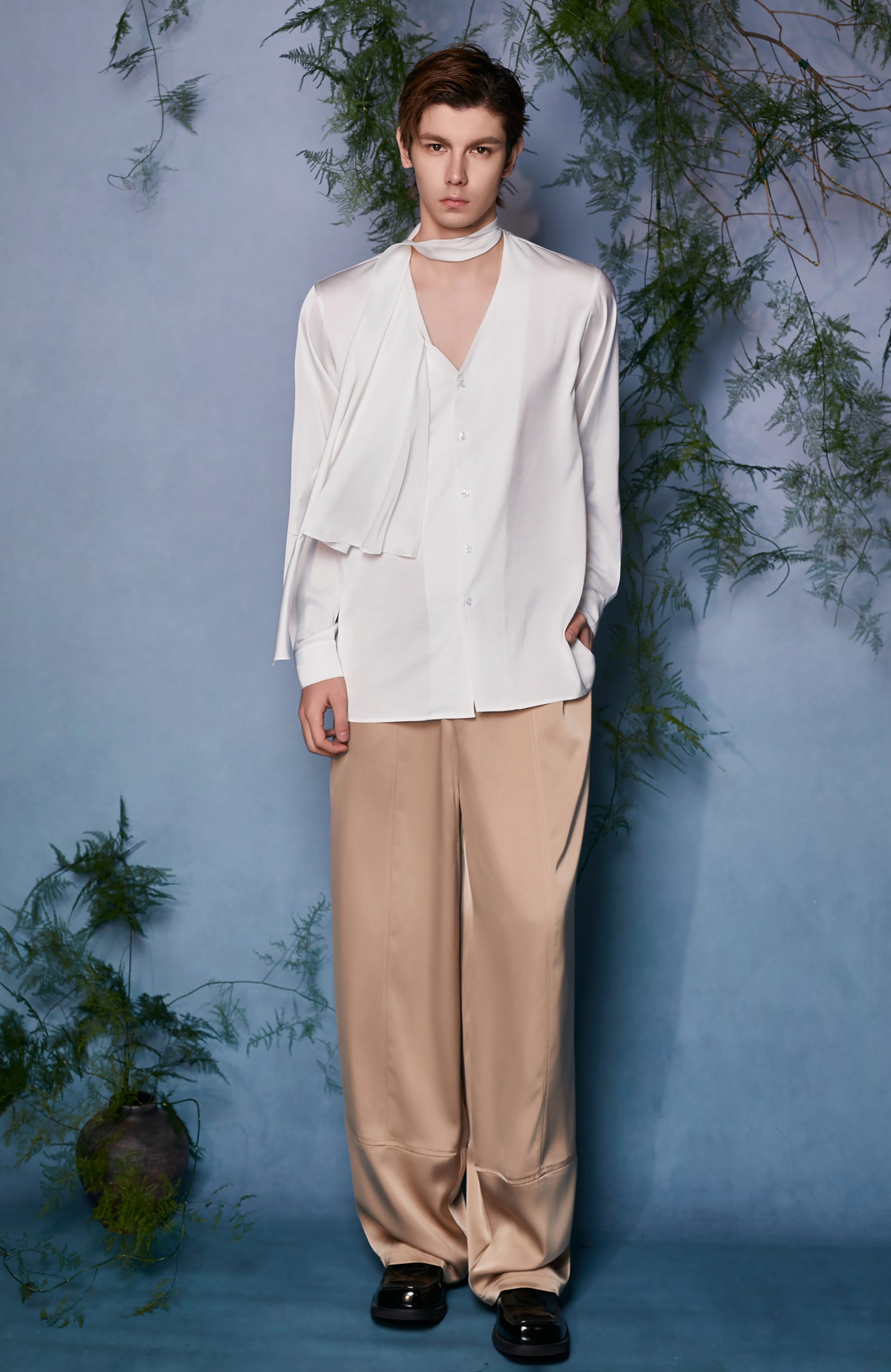 JIECHI Draped Satin Wide-Leg Trousers, premium urban and streetwear designers apparel on PROJECTISR.com, JIECHI