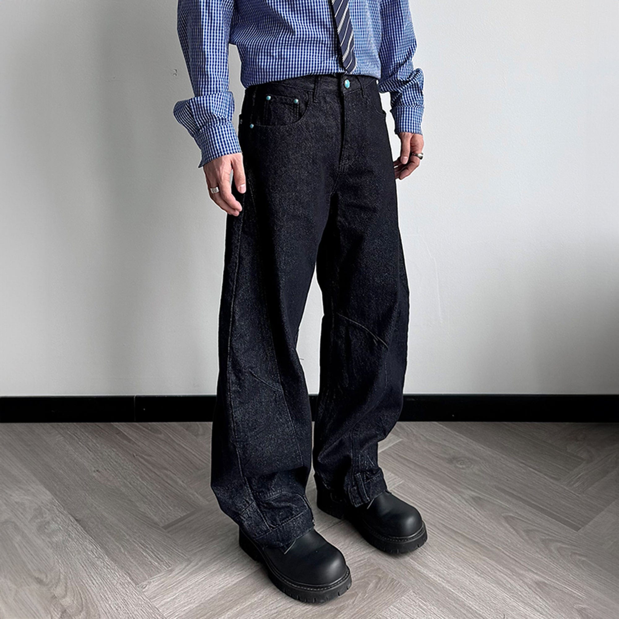 KREATE Reversed Panel Turquoise Rivet Jeans, premium urban and streetwear designers apparel on PROJECTISR.com, KREATE
