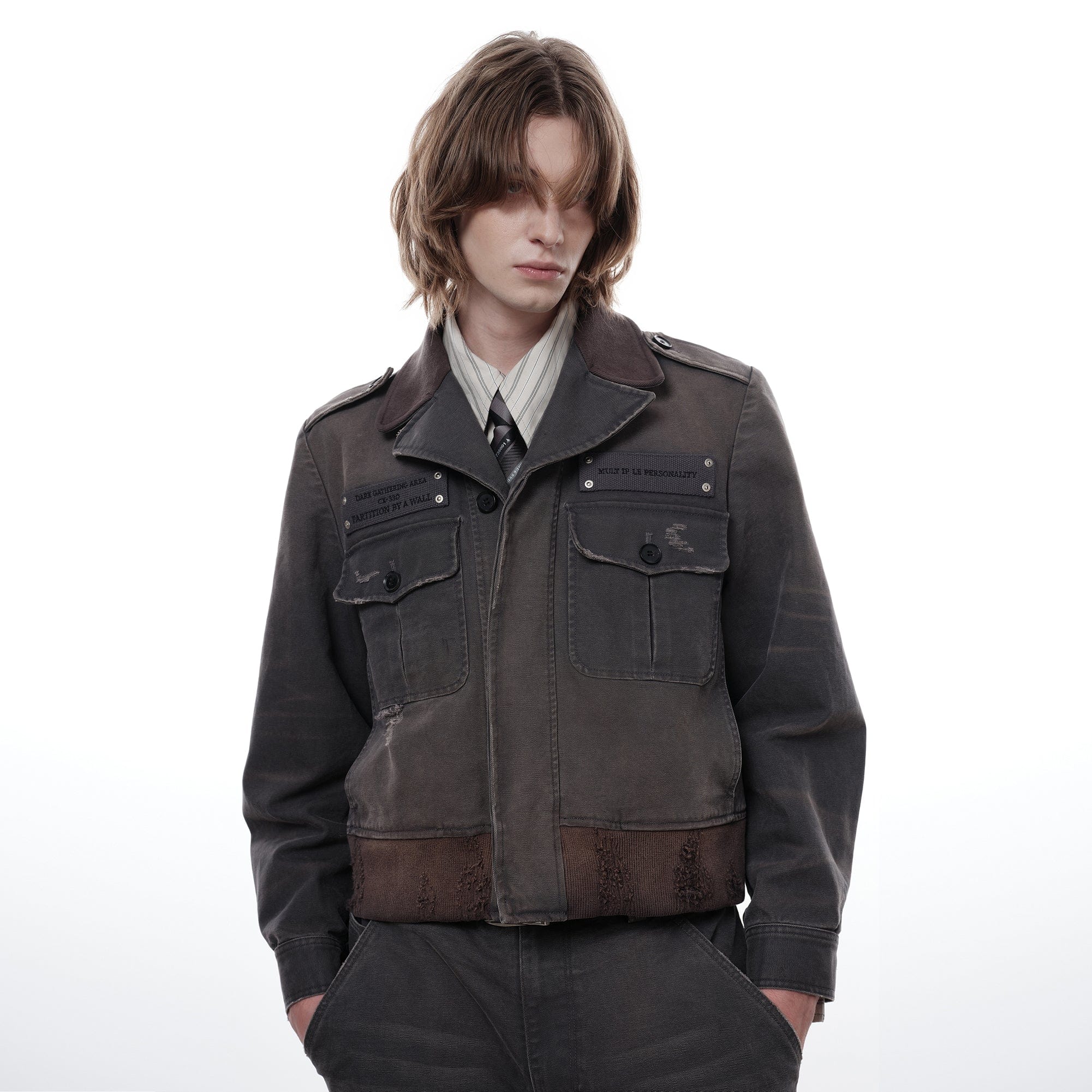FACEONLAB Distressed P37 Rivet Jacket Grey, premium urban and streetwear designers apparel on PROJECTISR.com, FACEONLAB