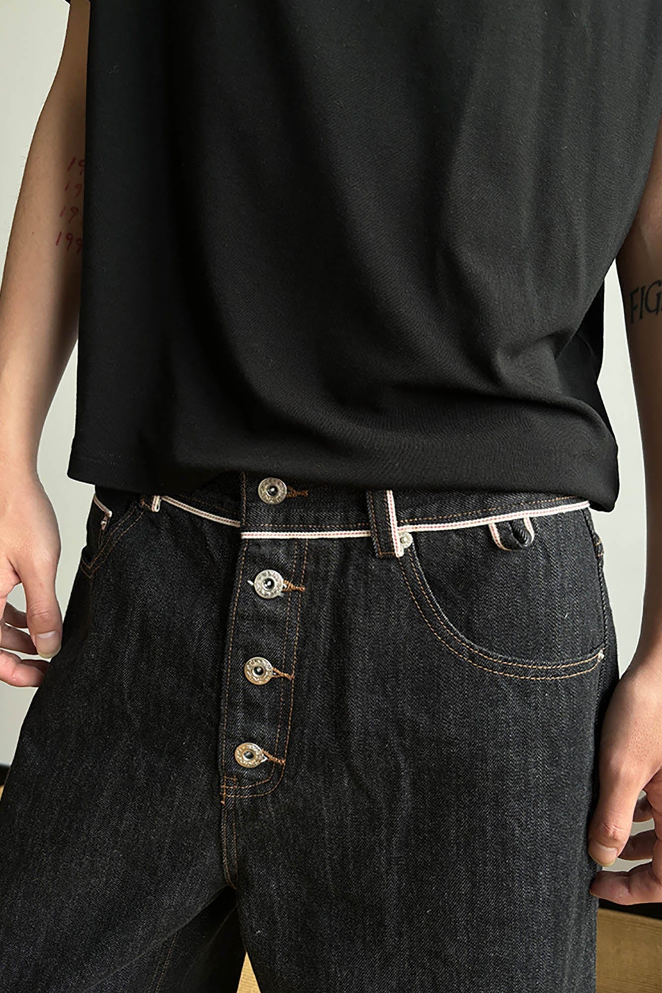 KREATE Selvage Waist Button-Fly Wide-Leg Jeans, premium urban and streetwear designers apparel on PROJECTISR.com, KREATE