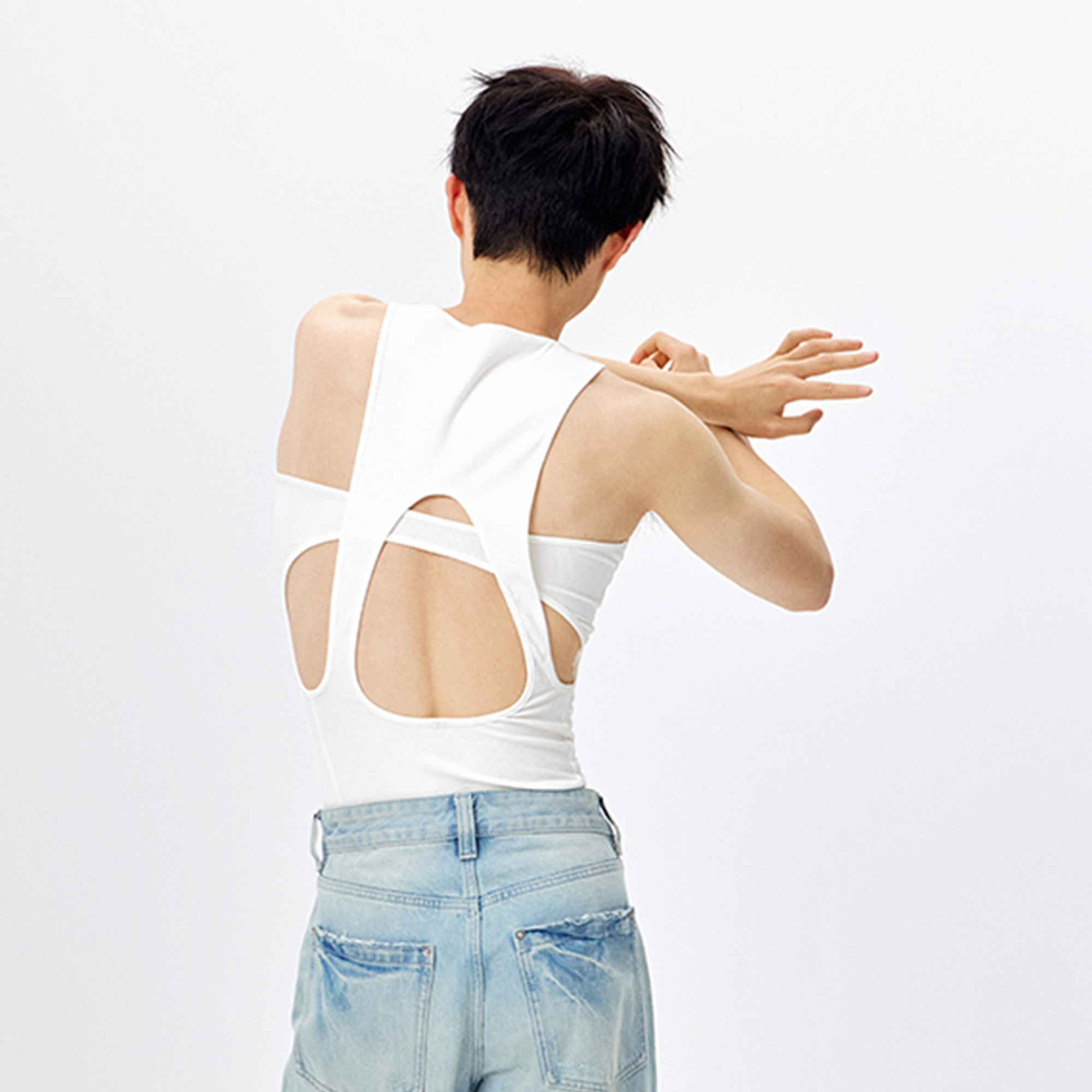TUIMU Back Cut-Out Ribbed Tank Top White