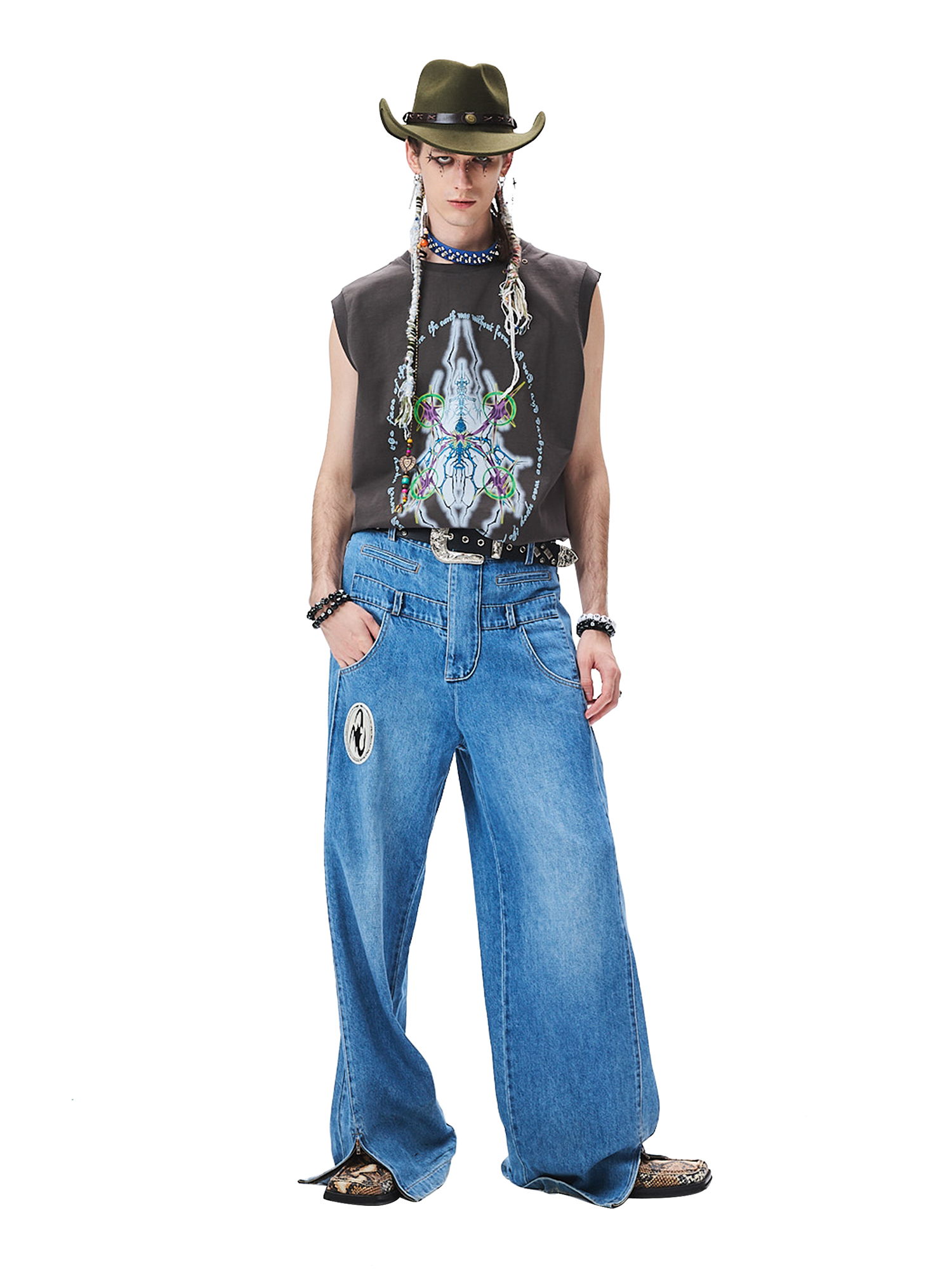 CYCYCY Deconstructed Double-Waist Washed Jeans