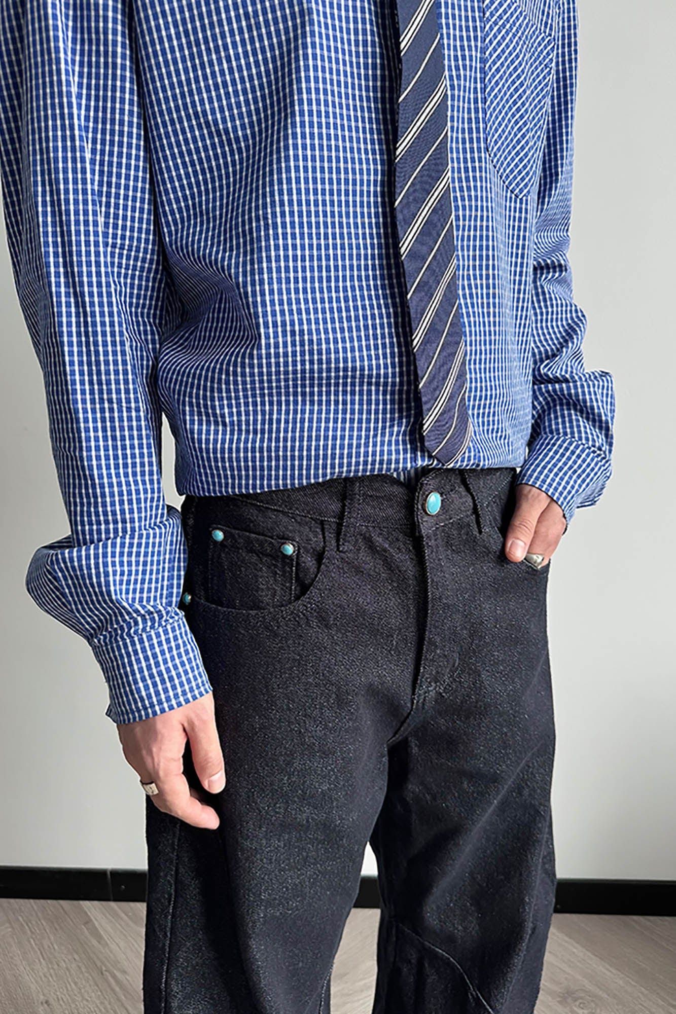 KREATE Reversed Panel Turquoise Rivet Jeans, premium urban and streetwear designers apparel on PROJECTISR.com, KREATE