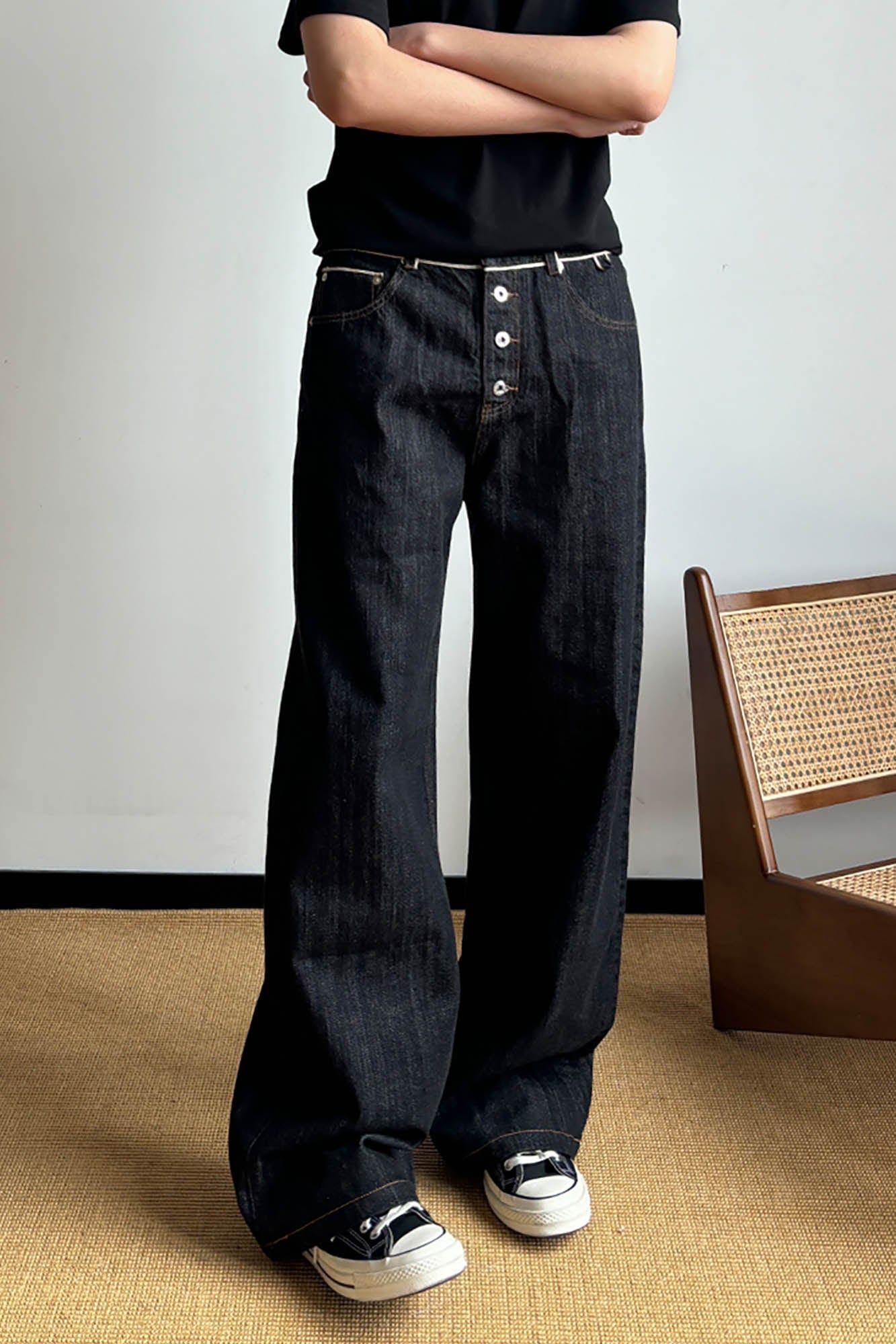 KREATE Selvage Waist Button-Fly Wide-Leg Jeans, premium urban and streetwear designers apparel on PROJECTISR.com, KREATE