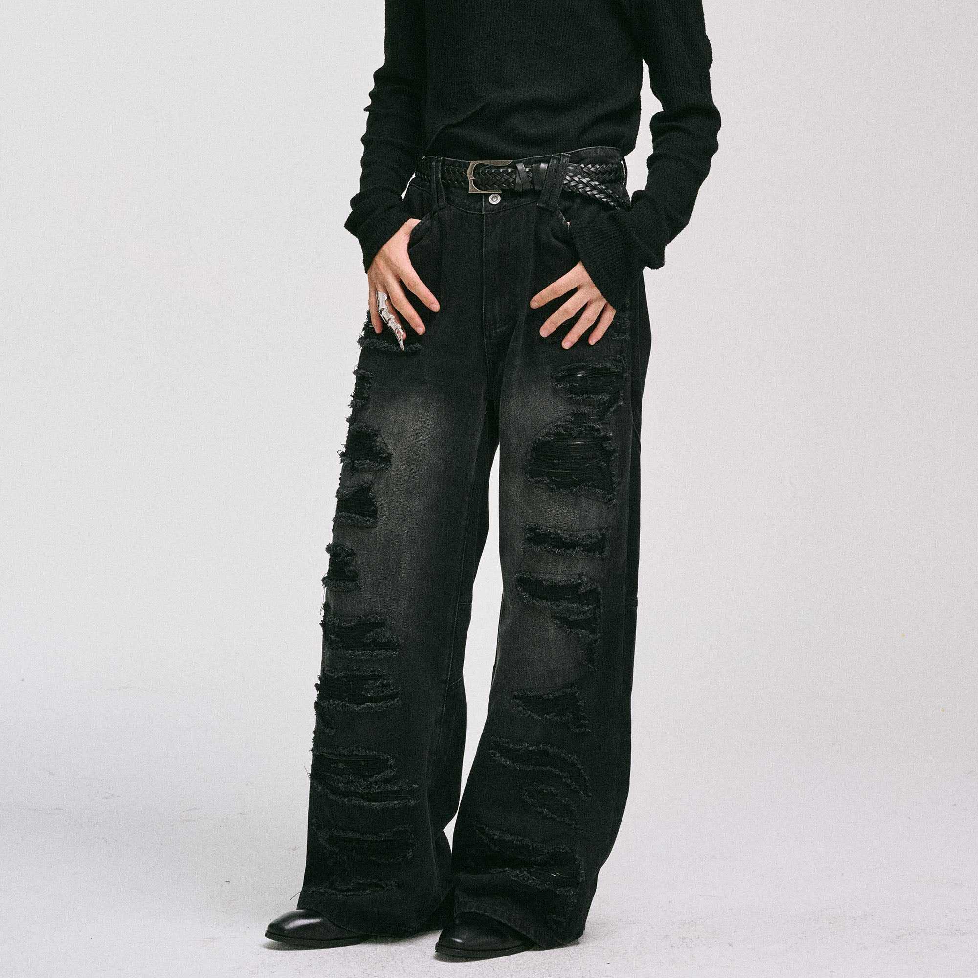 CATSSTAC Ripped Washed Faux-Leather Panel Wide-Leg Jeans, premium urban and streetwear designers apparel on PROJECTISR.com, CATSSTAC