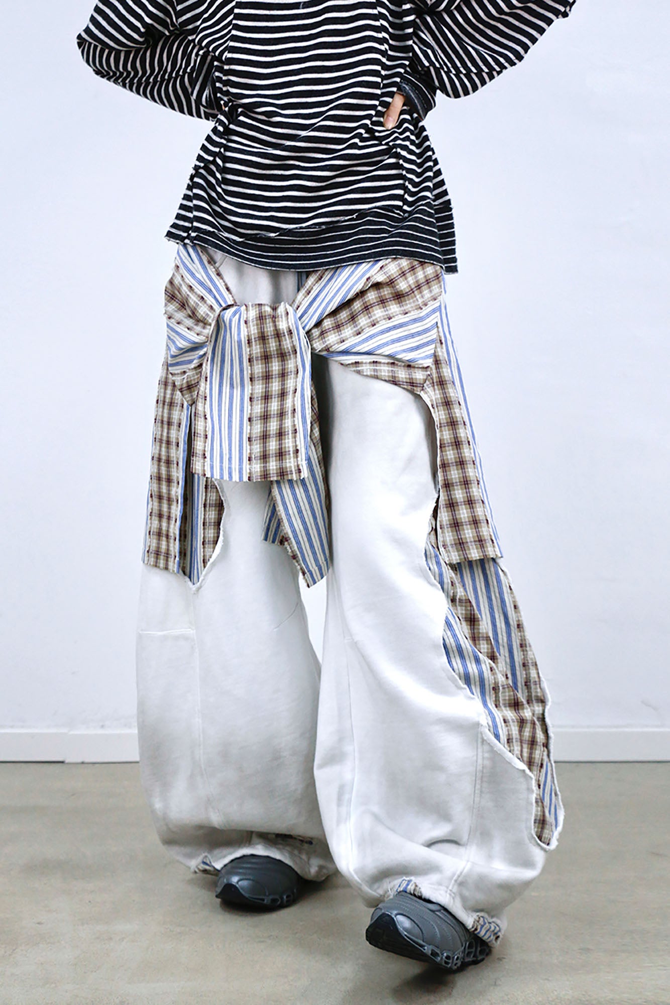 RELABEL Distressed Detachable Plaid Drape Sweatpants, premium urban and streetwear designers apparel on PROJECTISR.com, RELABEL