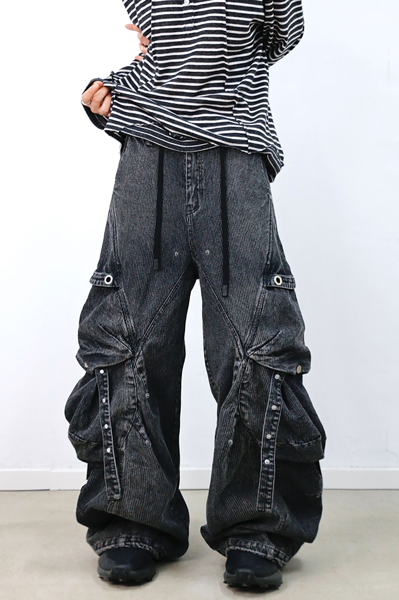 RELABEL Washed Paneled Strap Oversized Cargo Jeans Black, premium urban and streetwear designers apparel on PROJECTISR.com, RELABEL