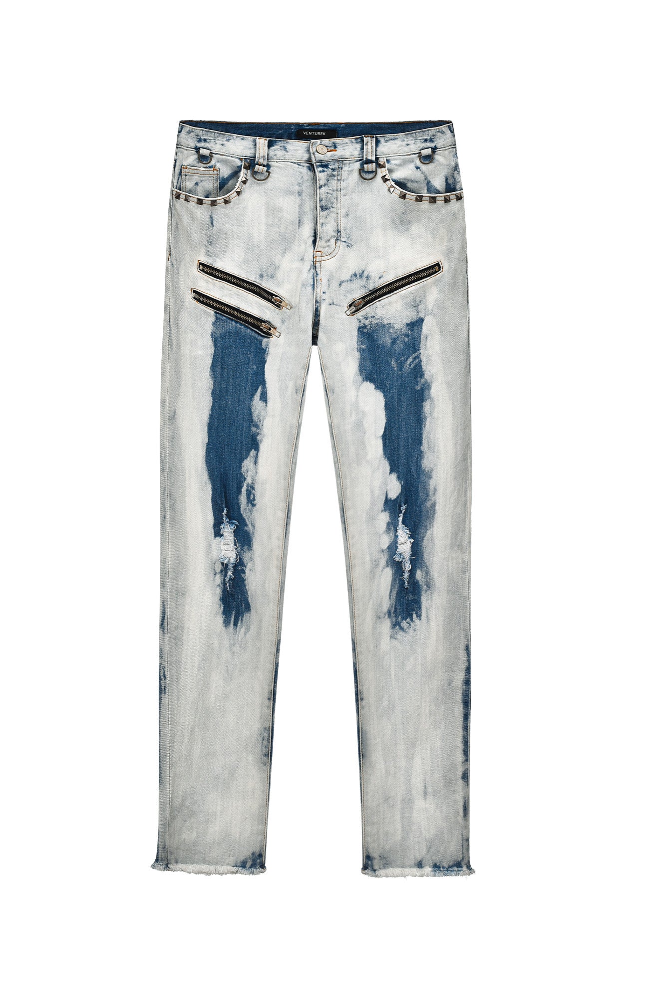 VENTUREK Distressed Washed Zippered Studded Slim Jeans, premium urban and streetwear designers apparel on PROJECTISR.com, VENTUREK