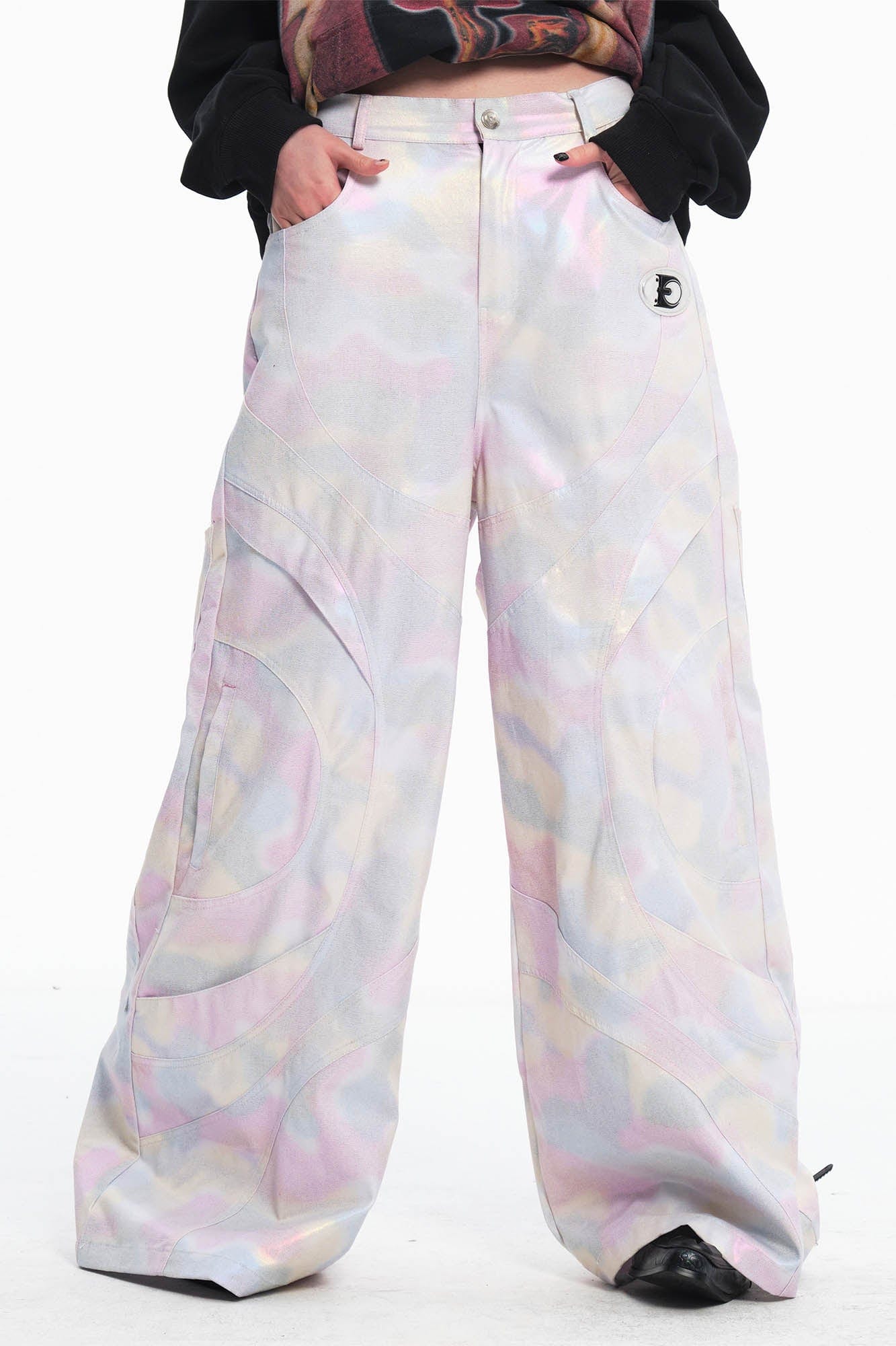 EMBRYO Deconstructed Iridescent Camo Wide-Leg Pants, premium urban and streetwear designers apparel on PROJECTISR.com, EMBRYO