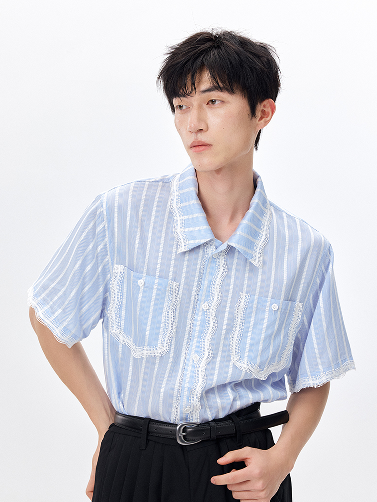 TUIMU Lace-Trim Striped Shirt