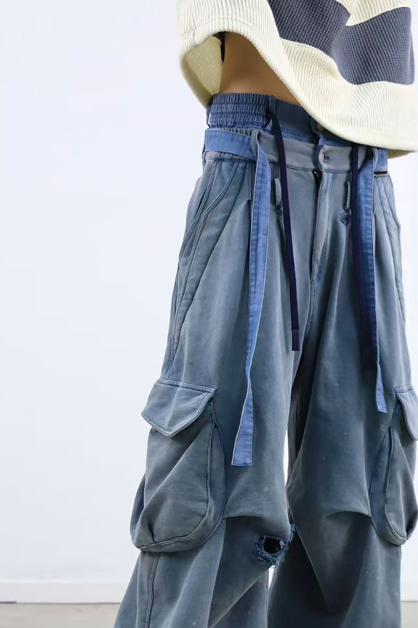RELABEL Distressed Splatter Double-Waist Cargo Pants, premium urban and streetwear designers apparel on PROJECTISR.com, RELABEL