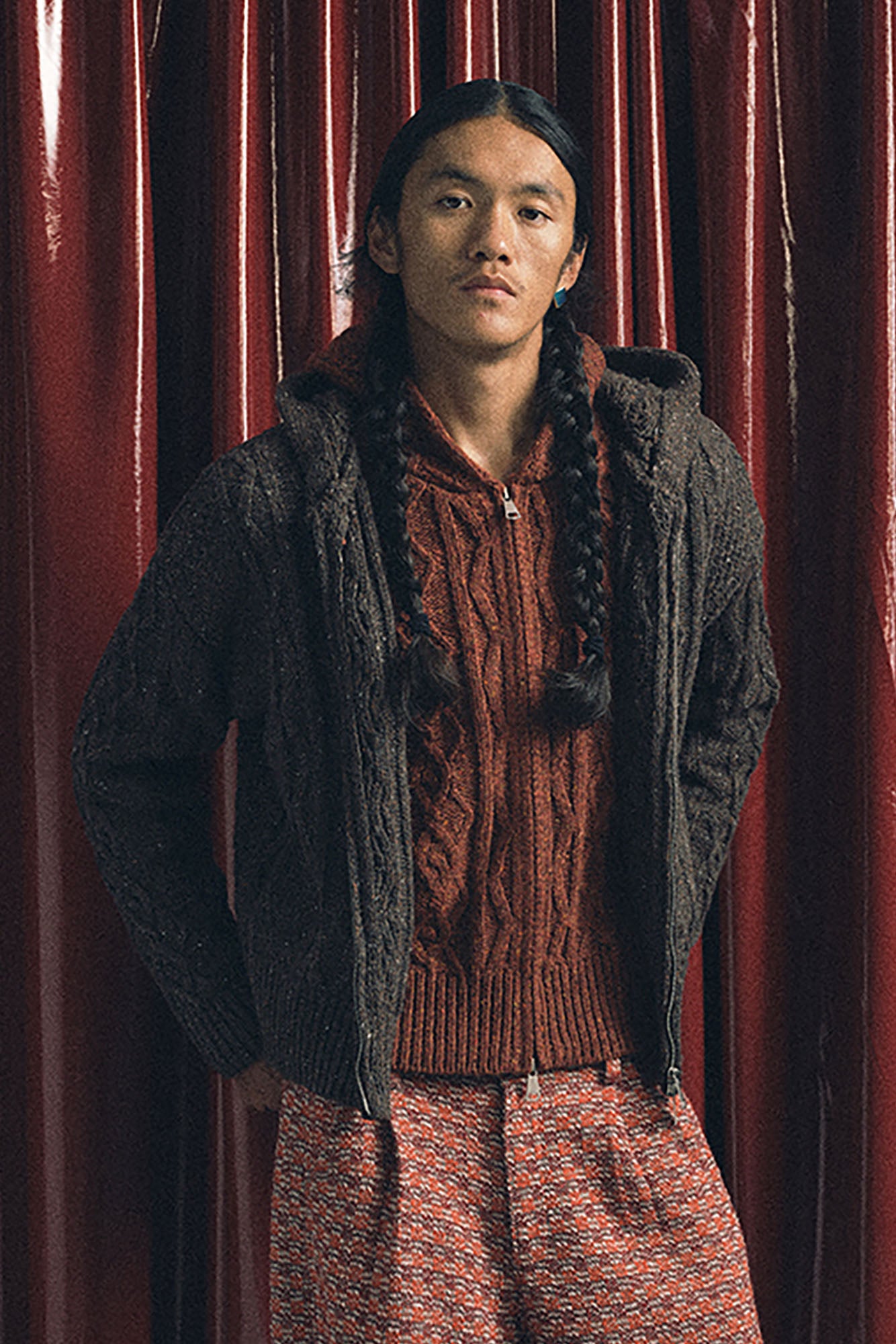 TRECLUB Nep Yarn Cable-Knit Zip-Up Hooded Cardigan