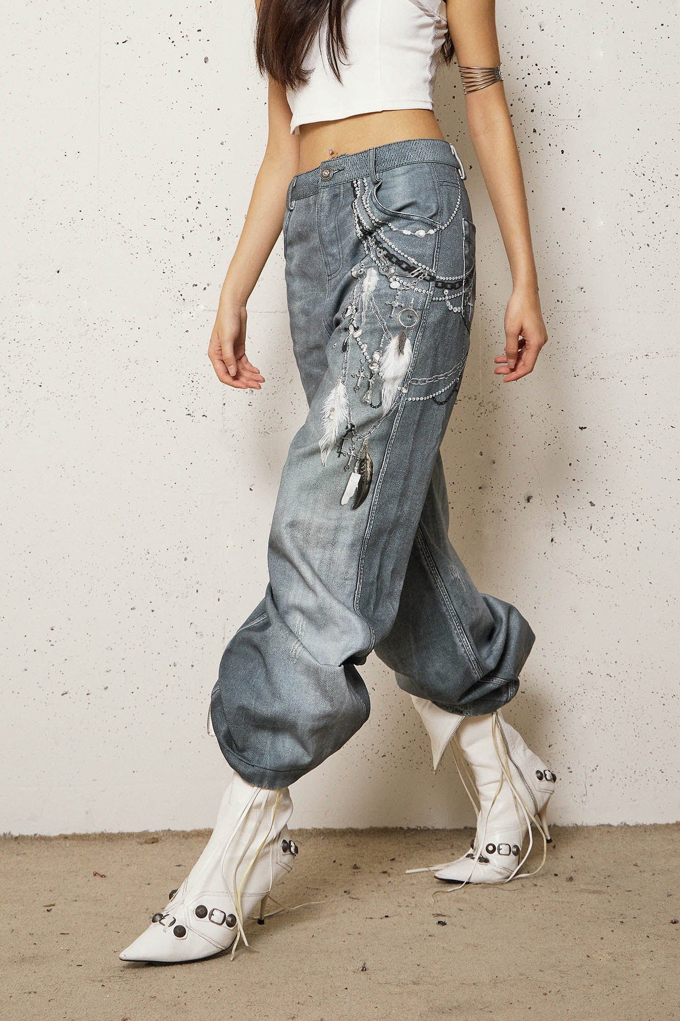 DND4DESxFaychui Pearl Chain Graphics Distressed Flared Jeans, premium urban and streetwear designers apparel on PROJECTISR.com, DND4DES