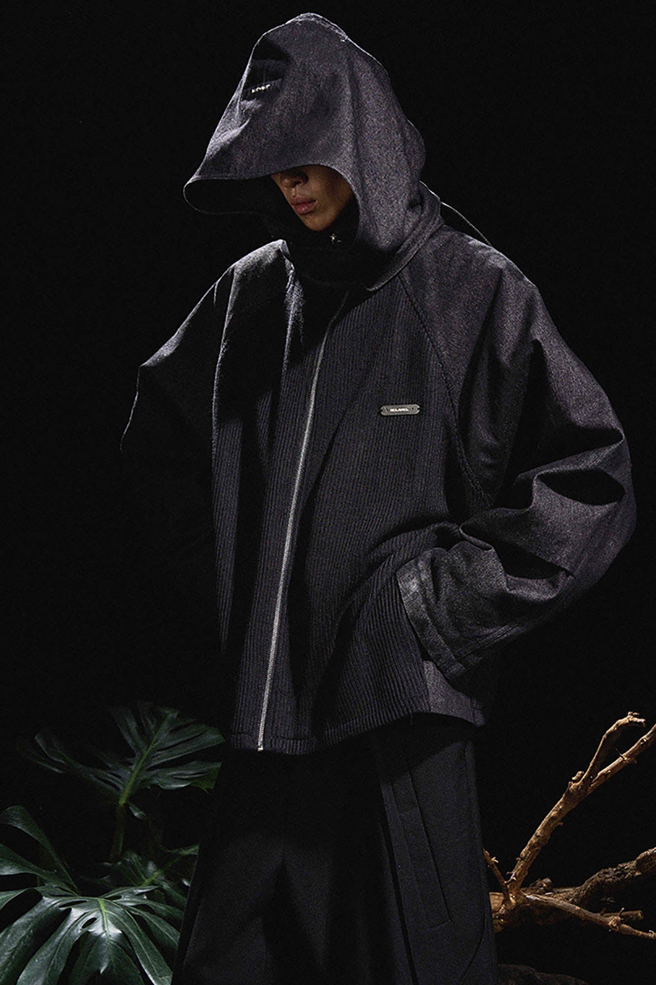 RELABEL Mask-Hood Spliced Denim Paneled Jacket, premium urban and streetwear designers apparel on PROJECTISR.com, RELABEL